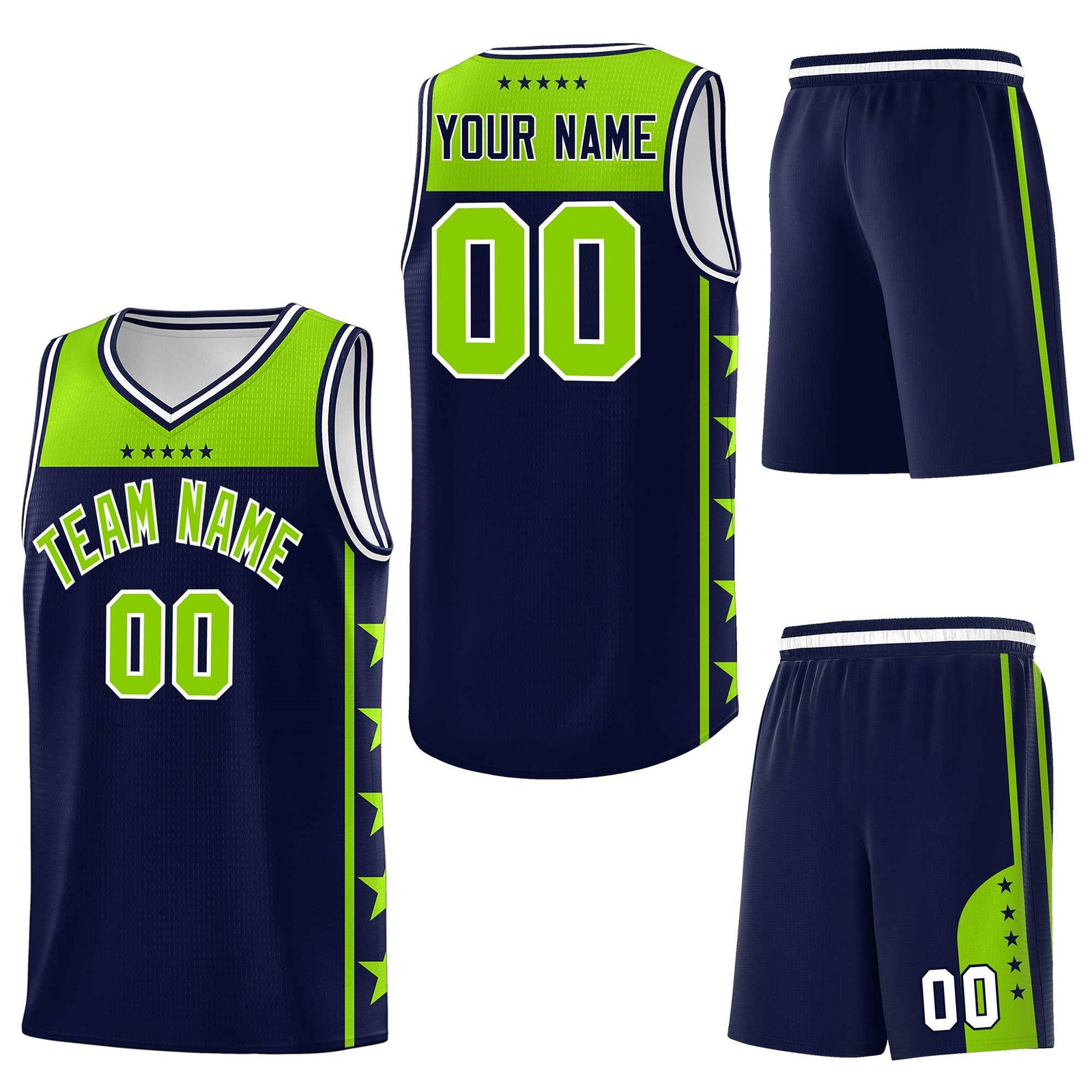 Custom Navy Neon Green Personalized Star Pattern Sports Uniform Basketball Jersey