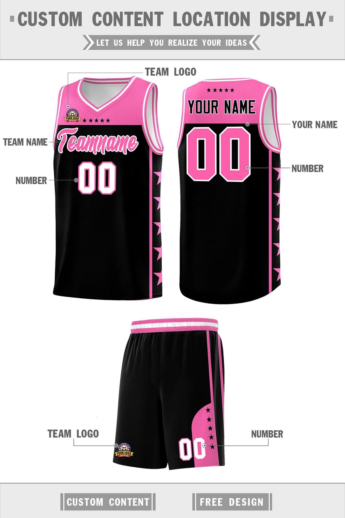 Custom Black Pink Color Block Sets Sports Uniform Basketball Jersey