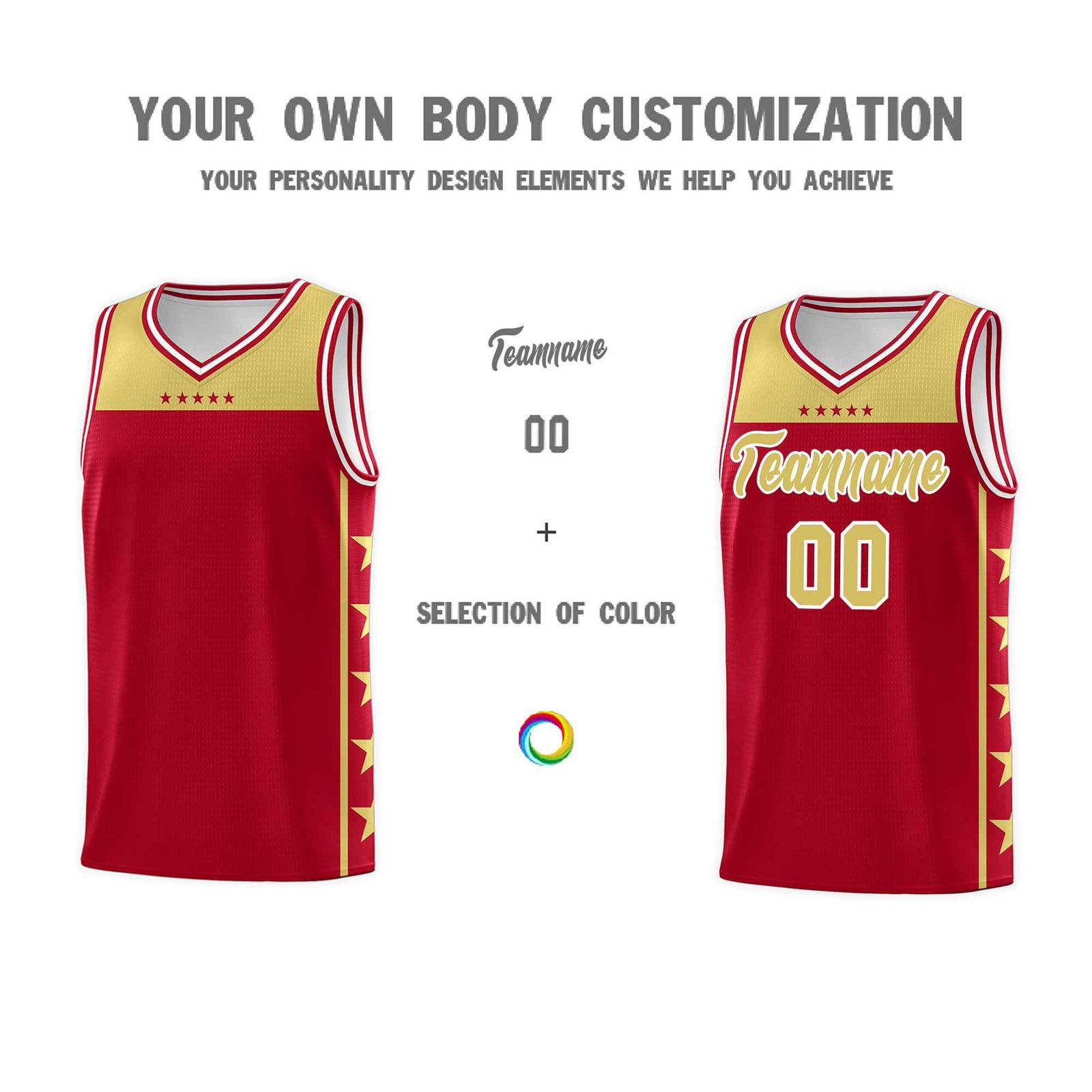 Custom Red Old Gold Color Block Sets Sports Uniform Basketball Jersey