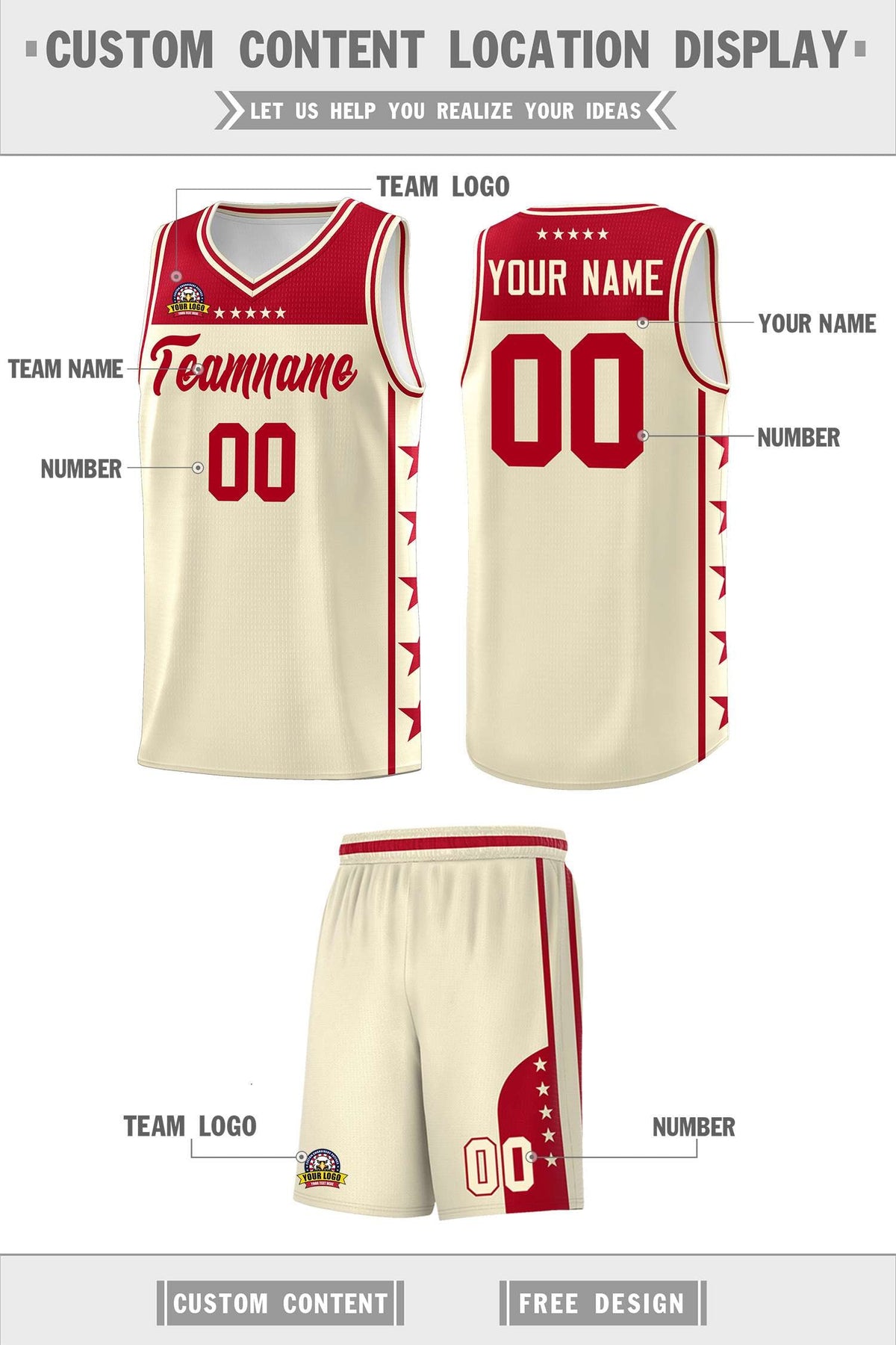 Custom Cream Red Color Block Sets Sports Uniform Basketball Jersey