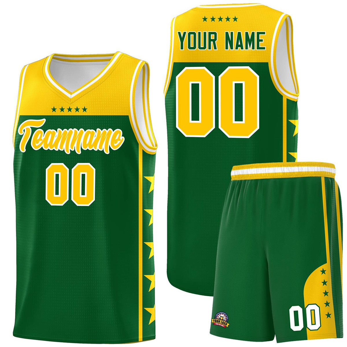 Custom Kelly Green Yellow Color Block Sets Sports Uniform Basketball Jersey