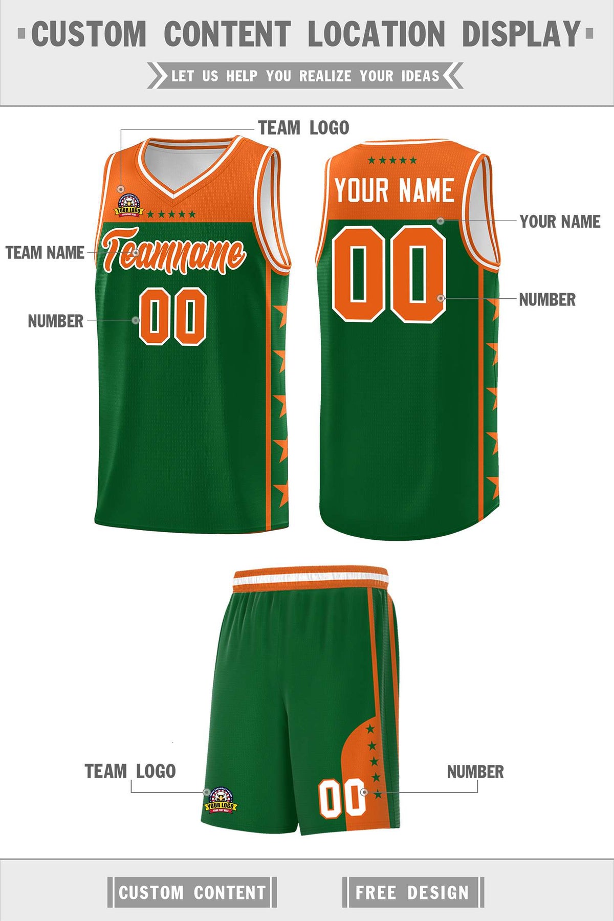 Custom Kelly Green Orange Color Block Sets Sports Uniform Basketball Jersey