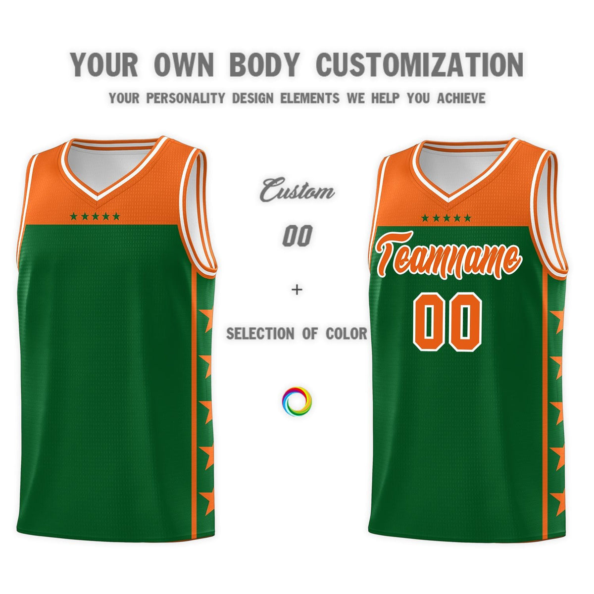 Custom Kelly Green Orange Color Block Sets Sports Uniform Basketball Jersey