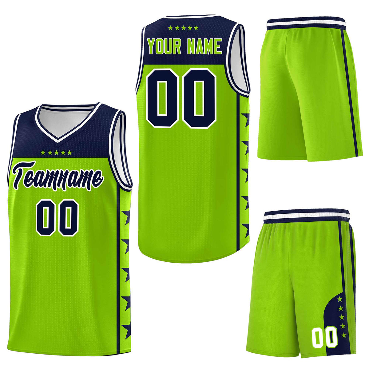 Custom Neon Green Navy Personalized Star Pattern Sports Uniform Basketball Jersey