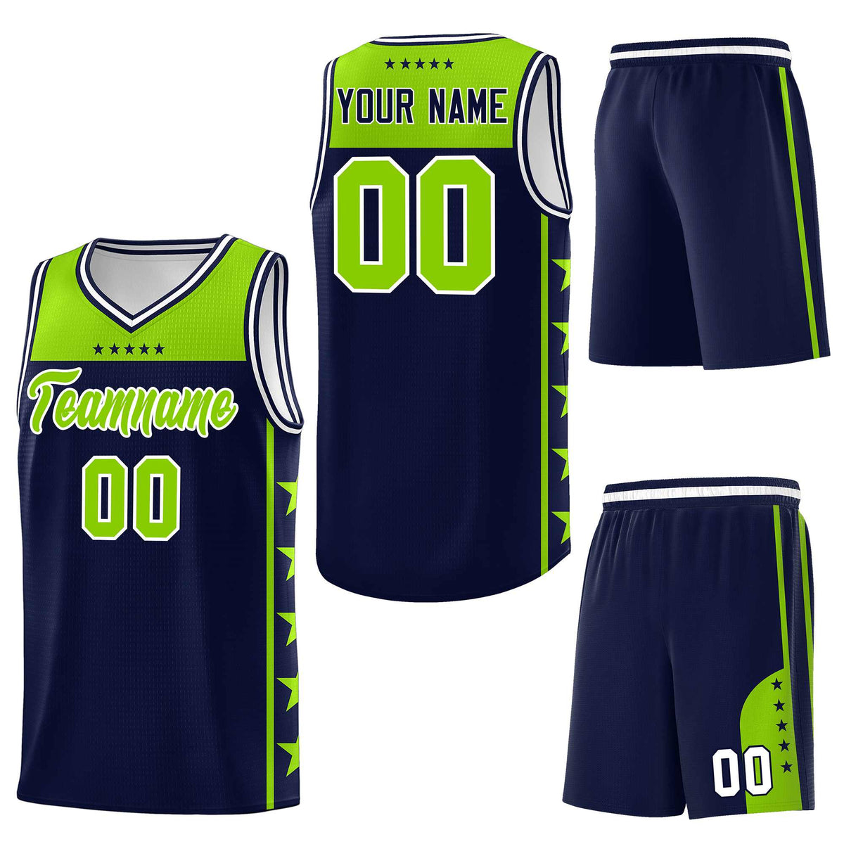 Custom Navy Neon Green Personalized Star Pattern Sports Uniform Basketball Jersey