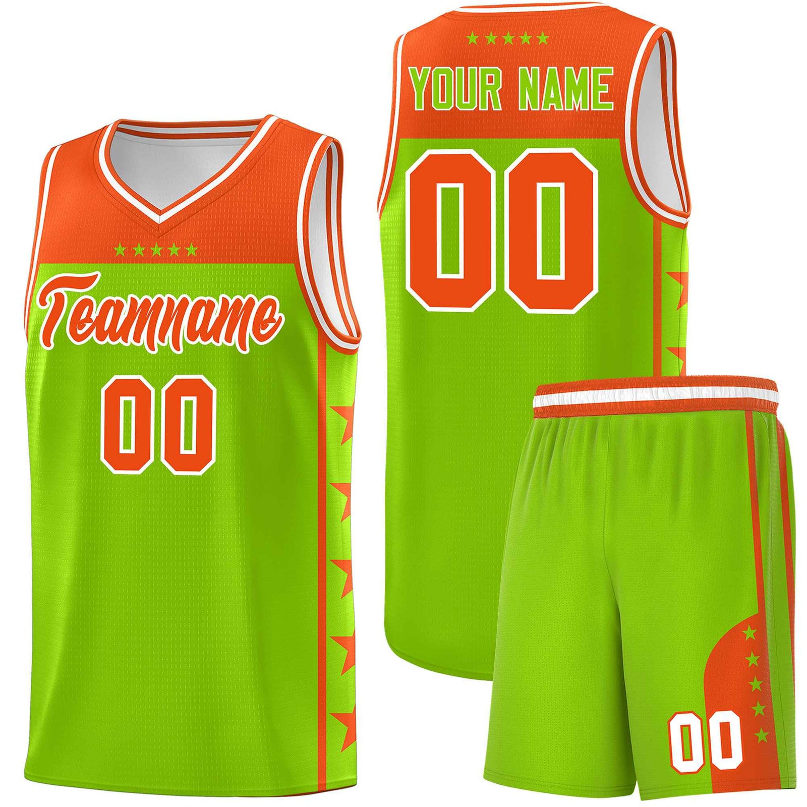 Custom Neon Green Orange Color Block Sets Sports Uniform Basketball Jersey