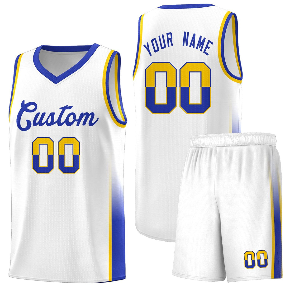 Custom White Gold-Royal Personalized Two Tone Font Sports Uniform Basketball Jersey