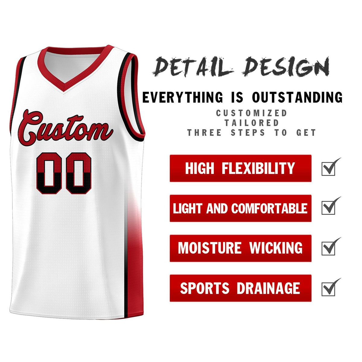 Custom White Black-Red Personalized Two Tone Font Sports Uniform Basketball Jersey