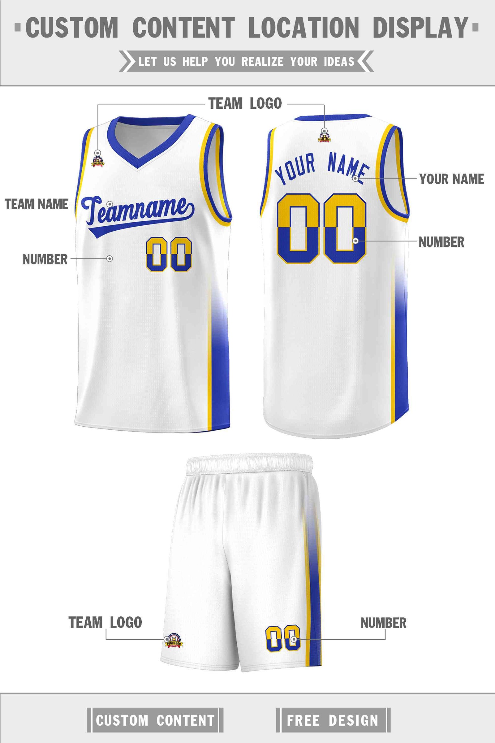 Custom White Gold-Royal Personalized Two Tone Font Sports Uniform Basketball Jersey