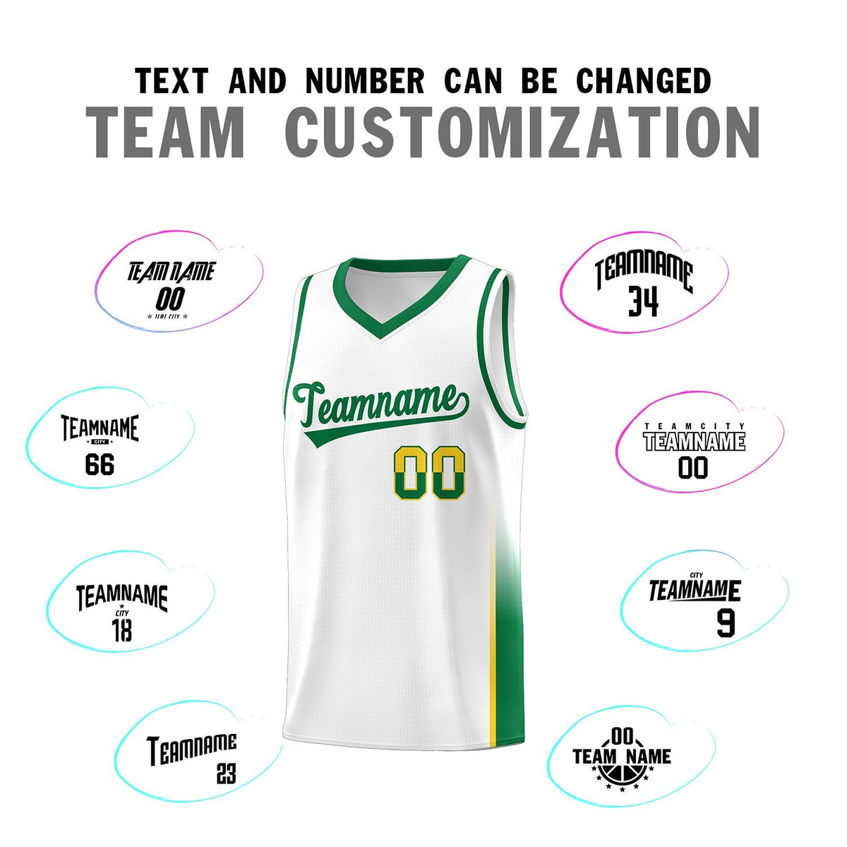 Custom White Gold-Kelly Green Personalized Two Tone Font Sports Uniform Basketball Jersey
