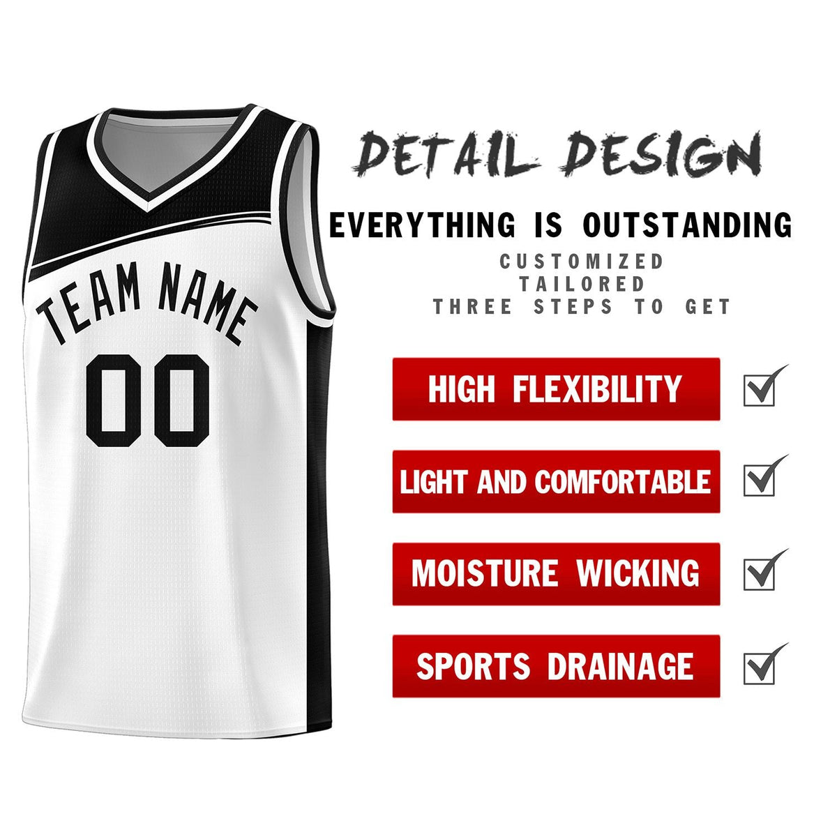 Custom White Black Color Block Sports Uniform Basketball Jersey