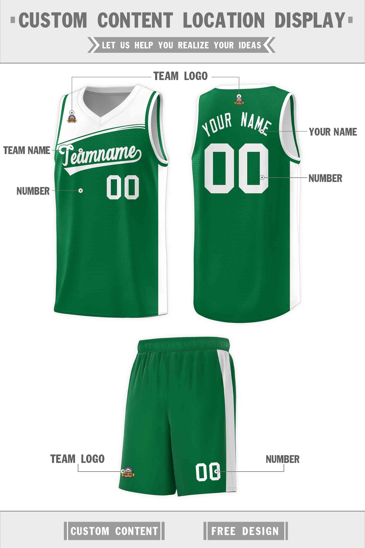 Custom Kelly Green White Color Block Sports Uniform Basketball Jersey