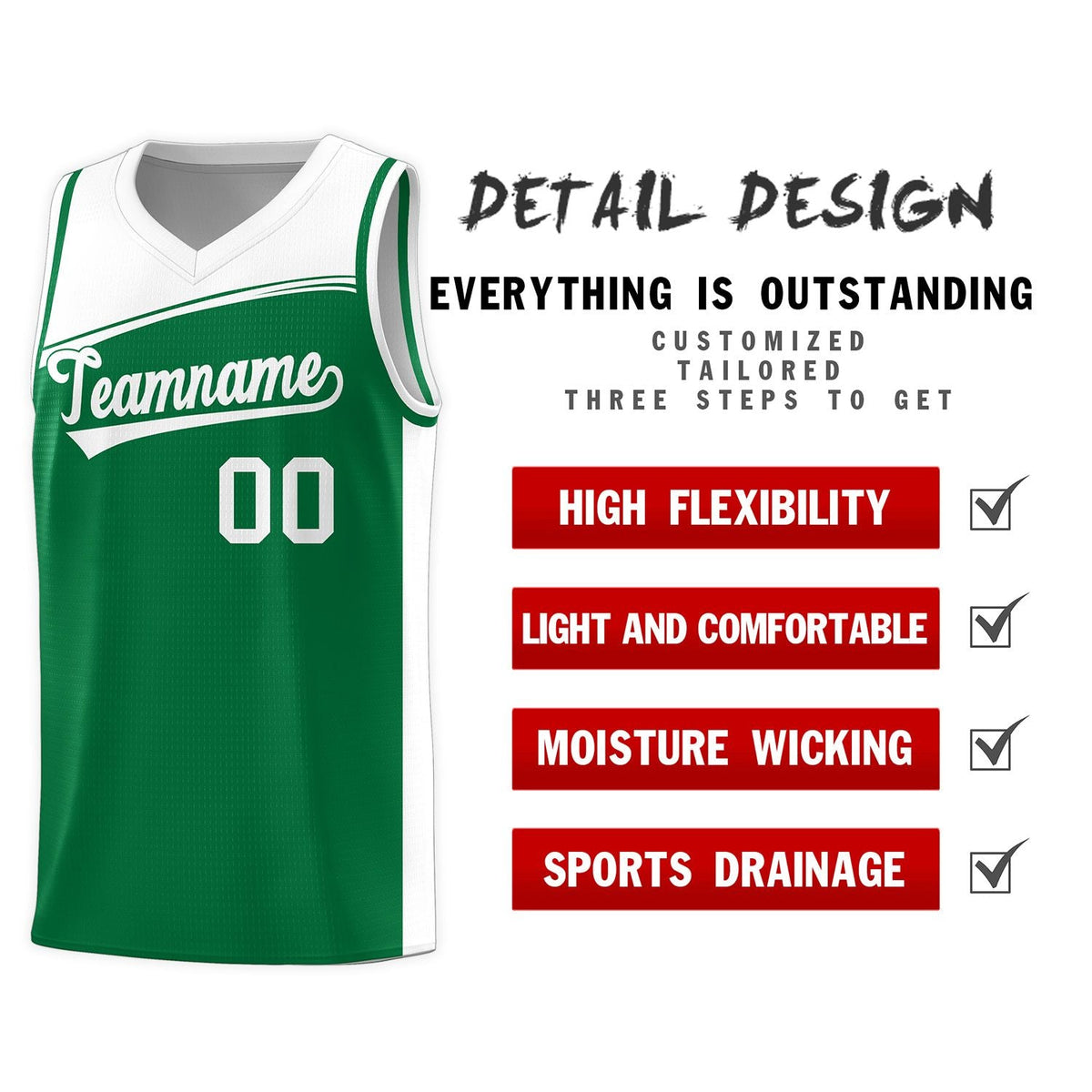 Custom Kelly Green White Color Block Sports Uniform Basketball Jersey