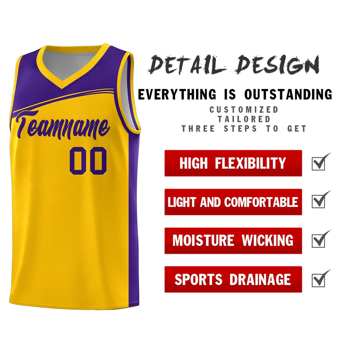 Custom Yellow Purple Color Block Sports Uniform Basketball Jersey