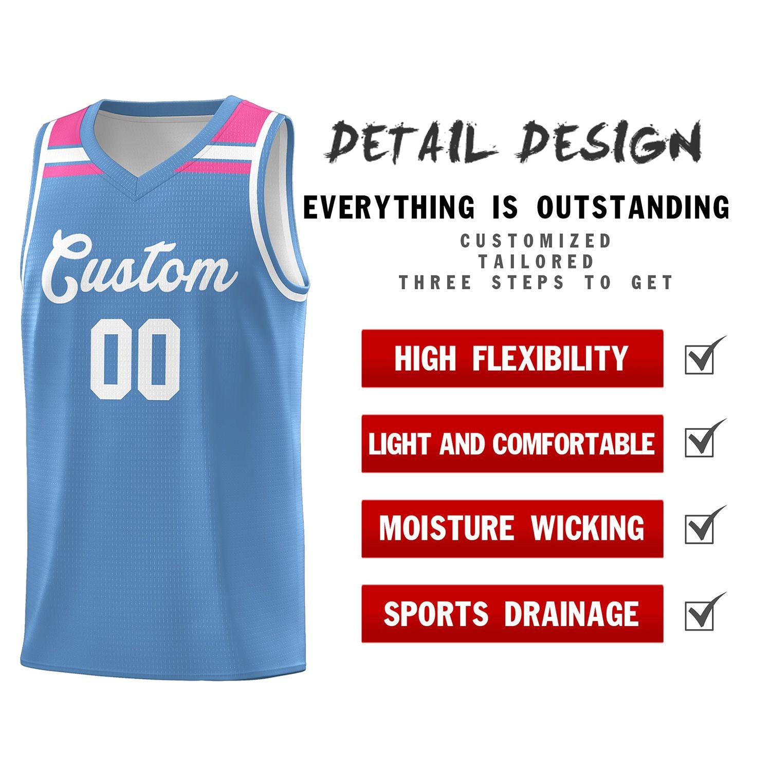 Custom Light Blue White-Pink Classic Sports Uniform Basketball Jersey