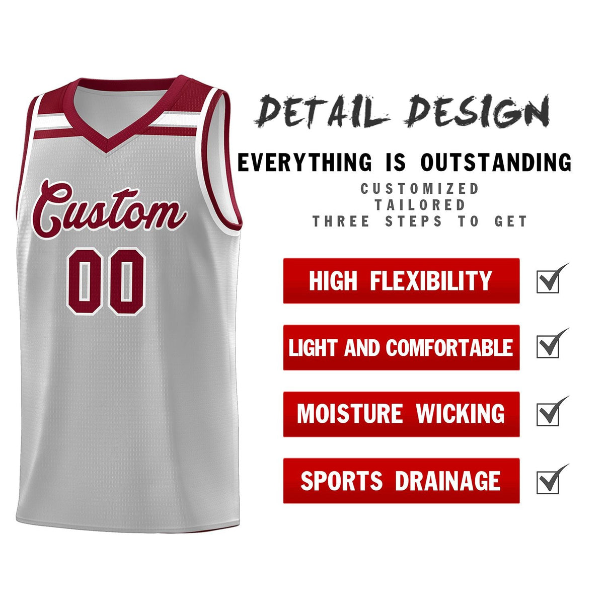 Custom Gray Crimson-White Classic Sports Uniform Basketball Jersey