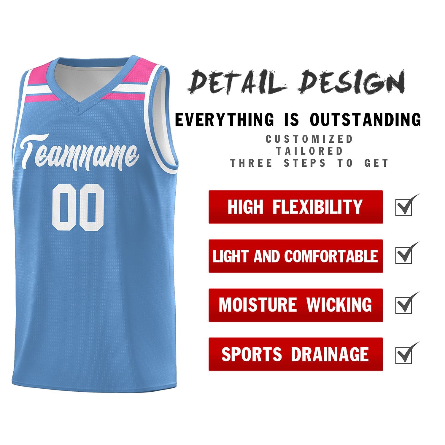Custom Light Blue White-Pink Classic Sports Uniform Basketball Jersey