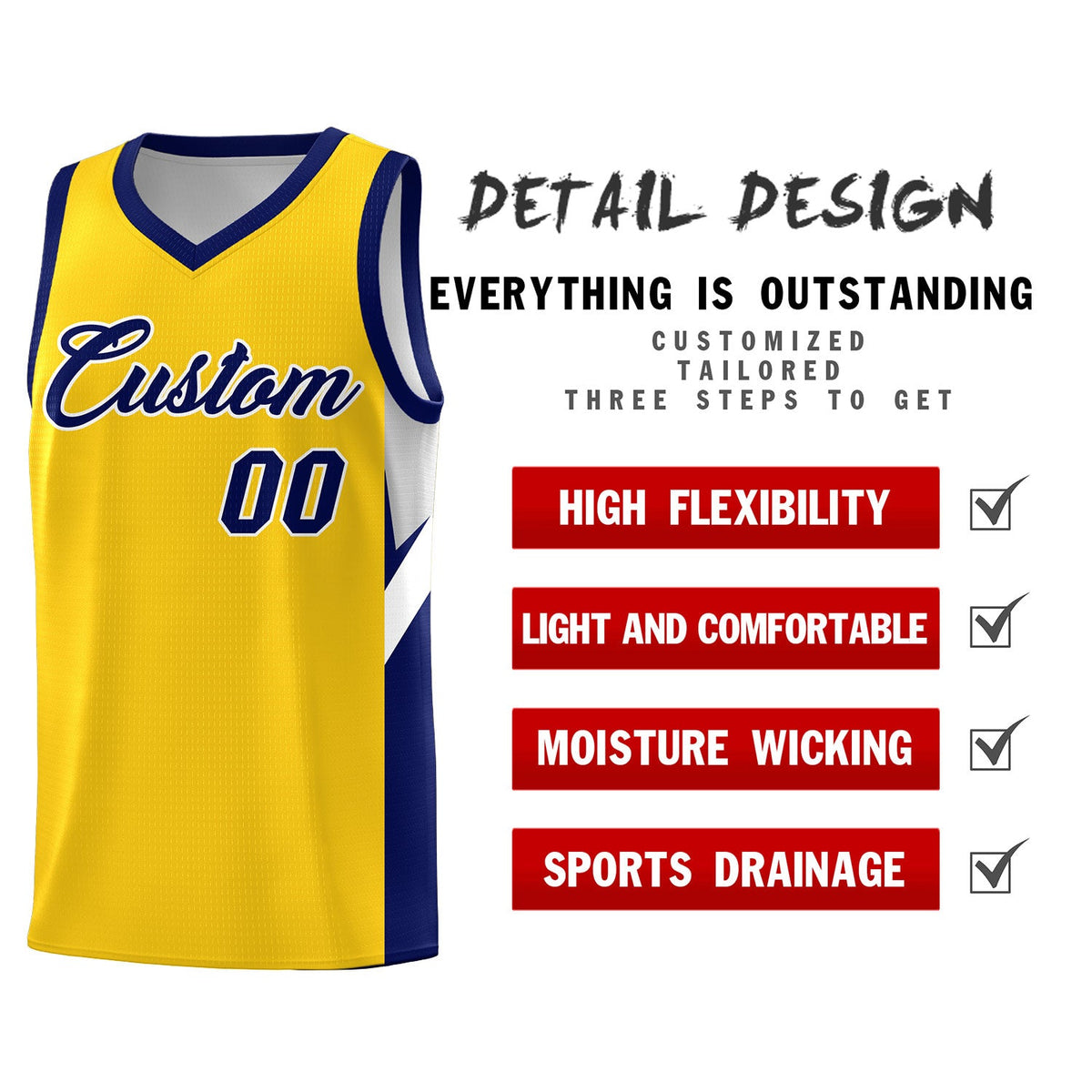Custom Gold Navy Side Design Sets Sports Uniform Basketball Jersey