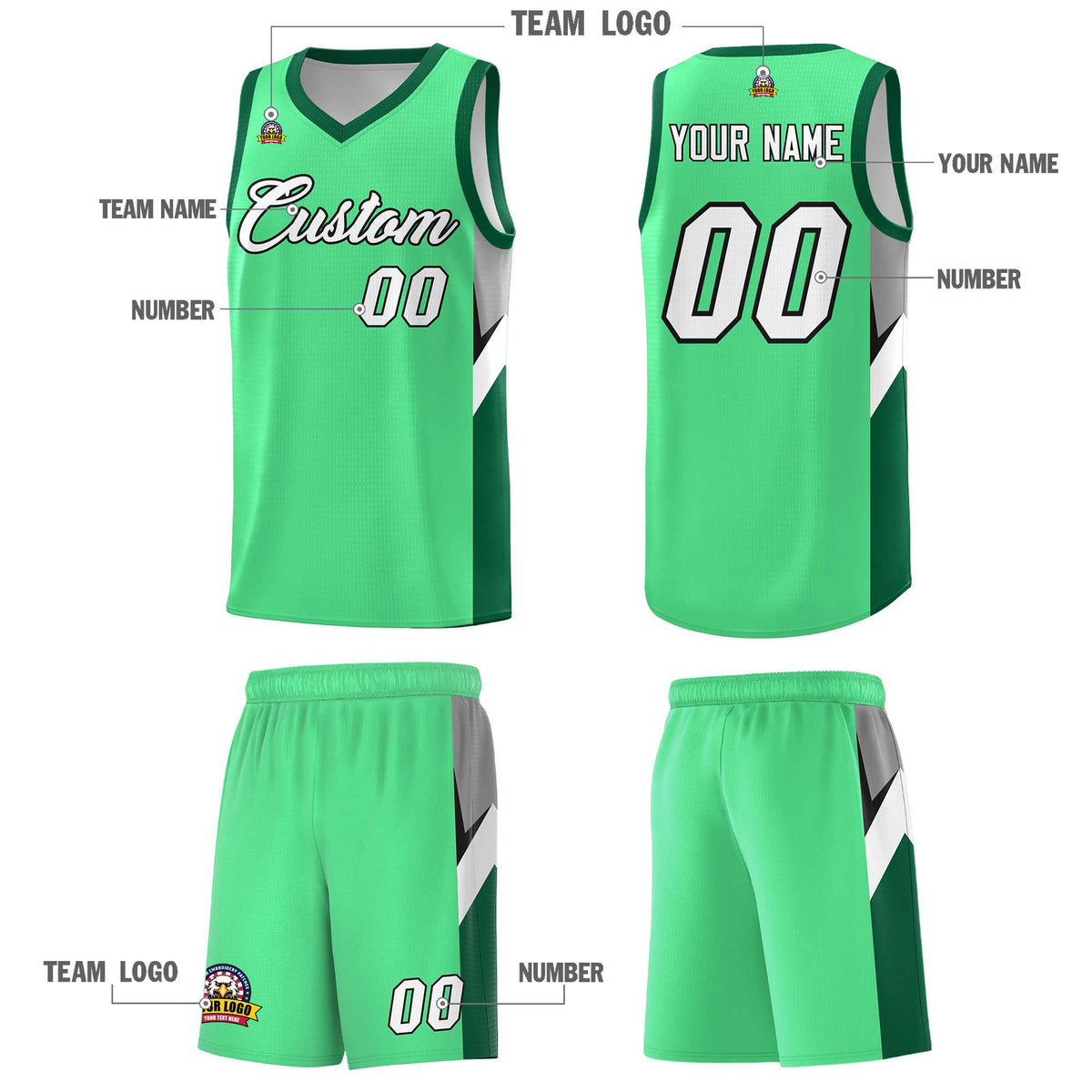 Custom Bright Green Kelly Green Side Design Sets Sports Uniform Basketball Jersey