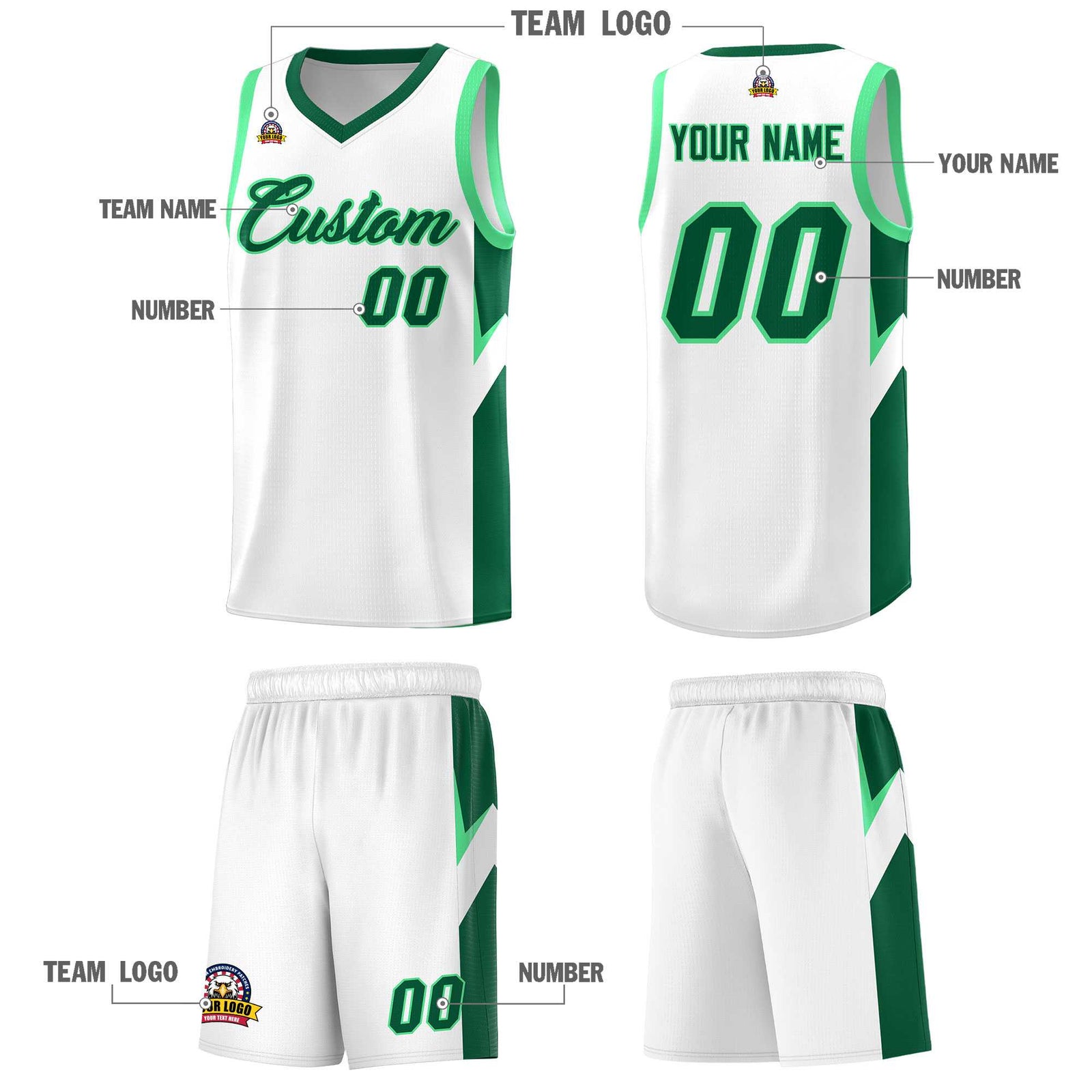 Custom White Kelly Green Side Design Sets Sports Uniform Basketball Jersey