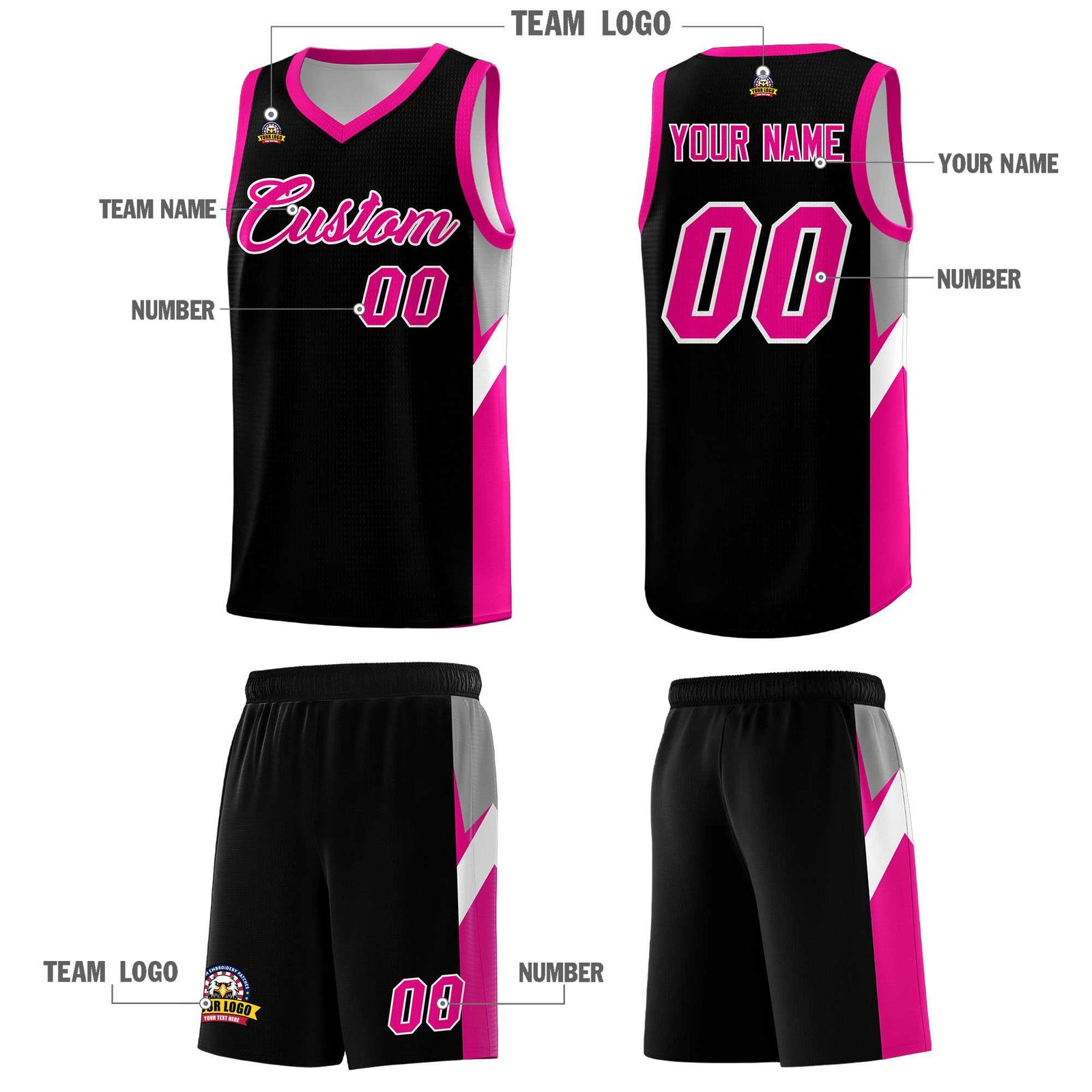 Custom Black Pink Side Design Sets Sports Uniform Basketball Jersey