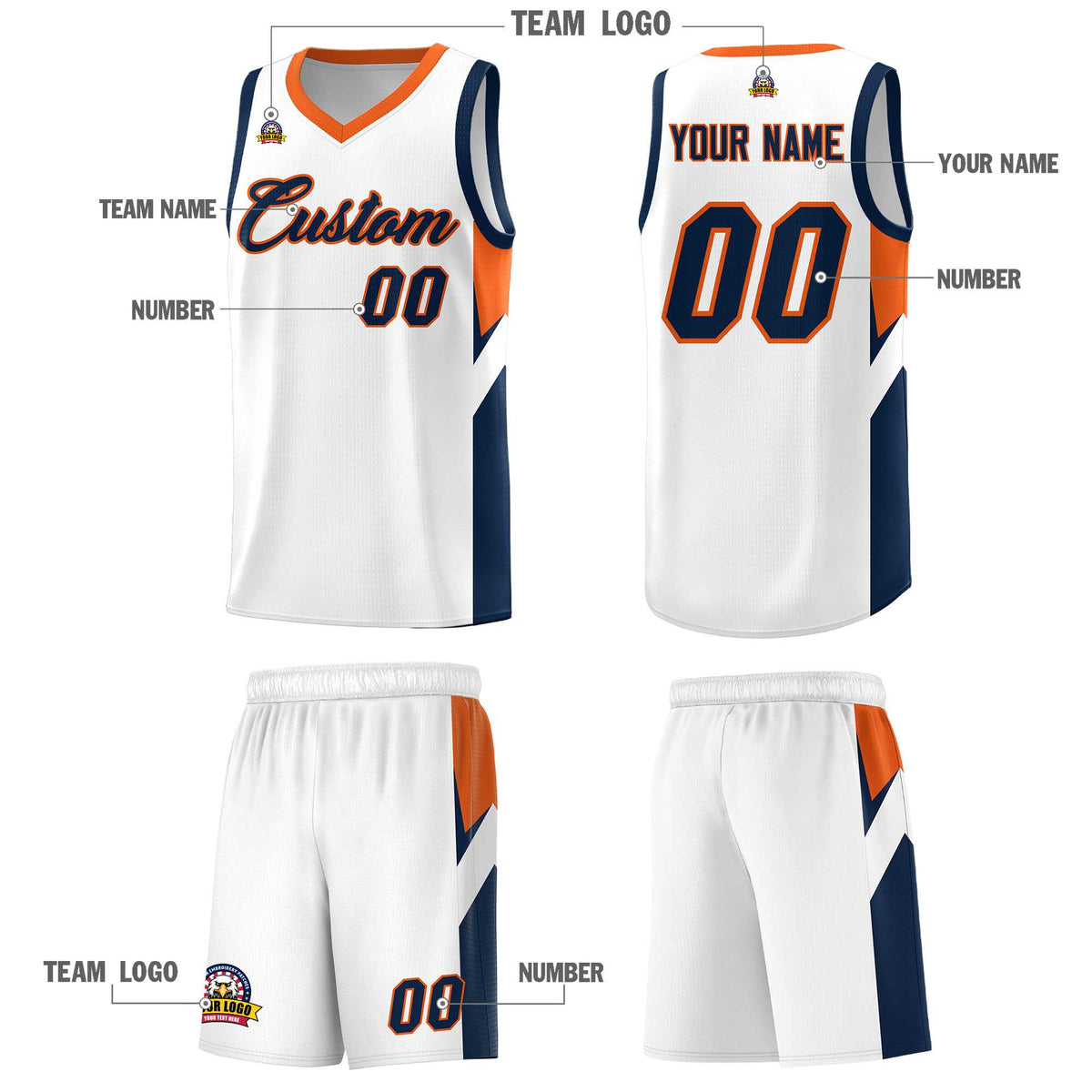 Custom White Orange Side Design Sets Sports Uniform Basketball Jersey