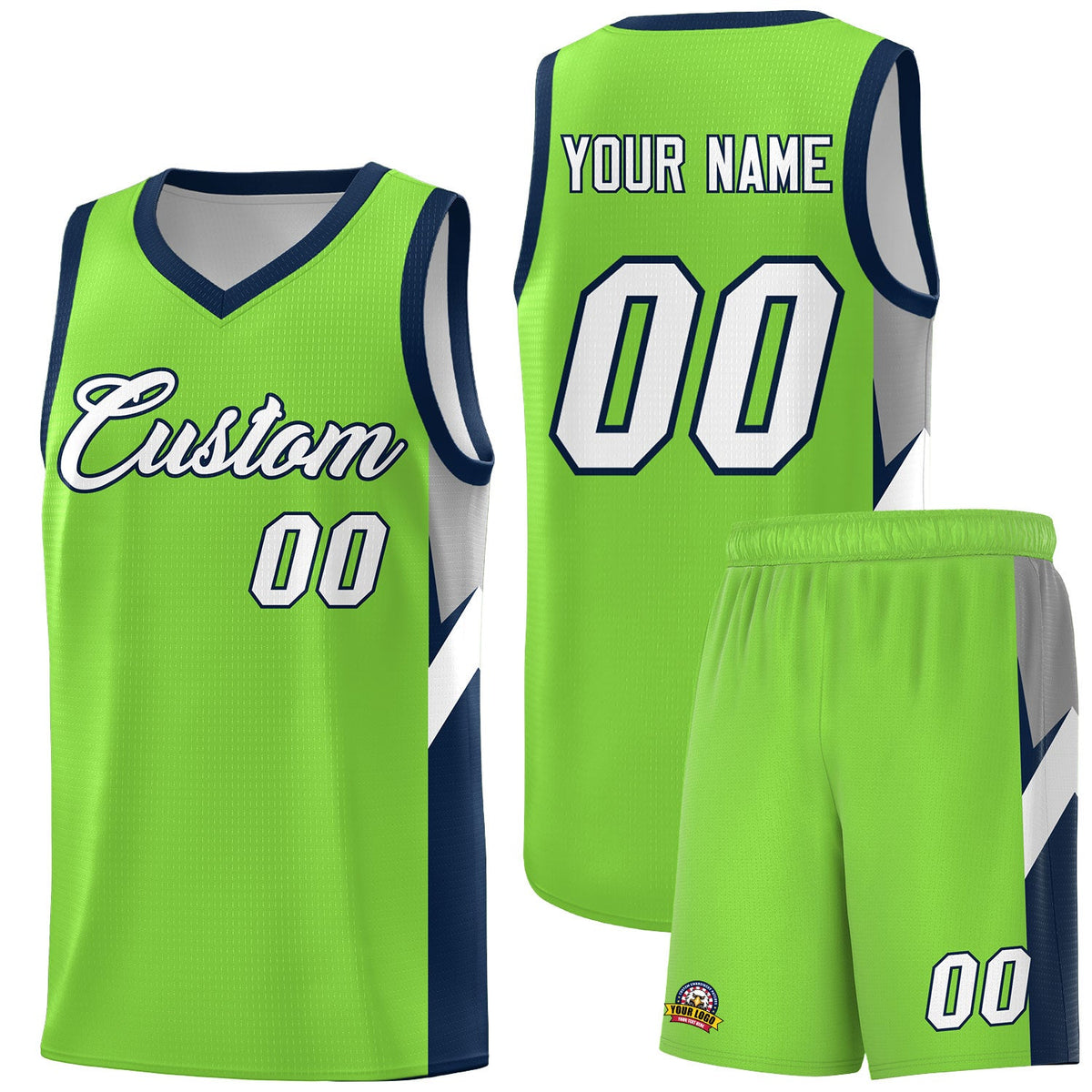Custom Neon Green Navy Side Design Sets Sports Uniform Basketball Jersey