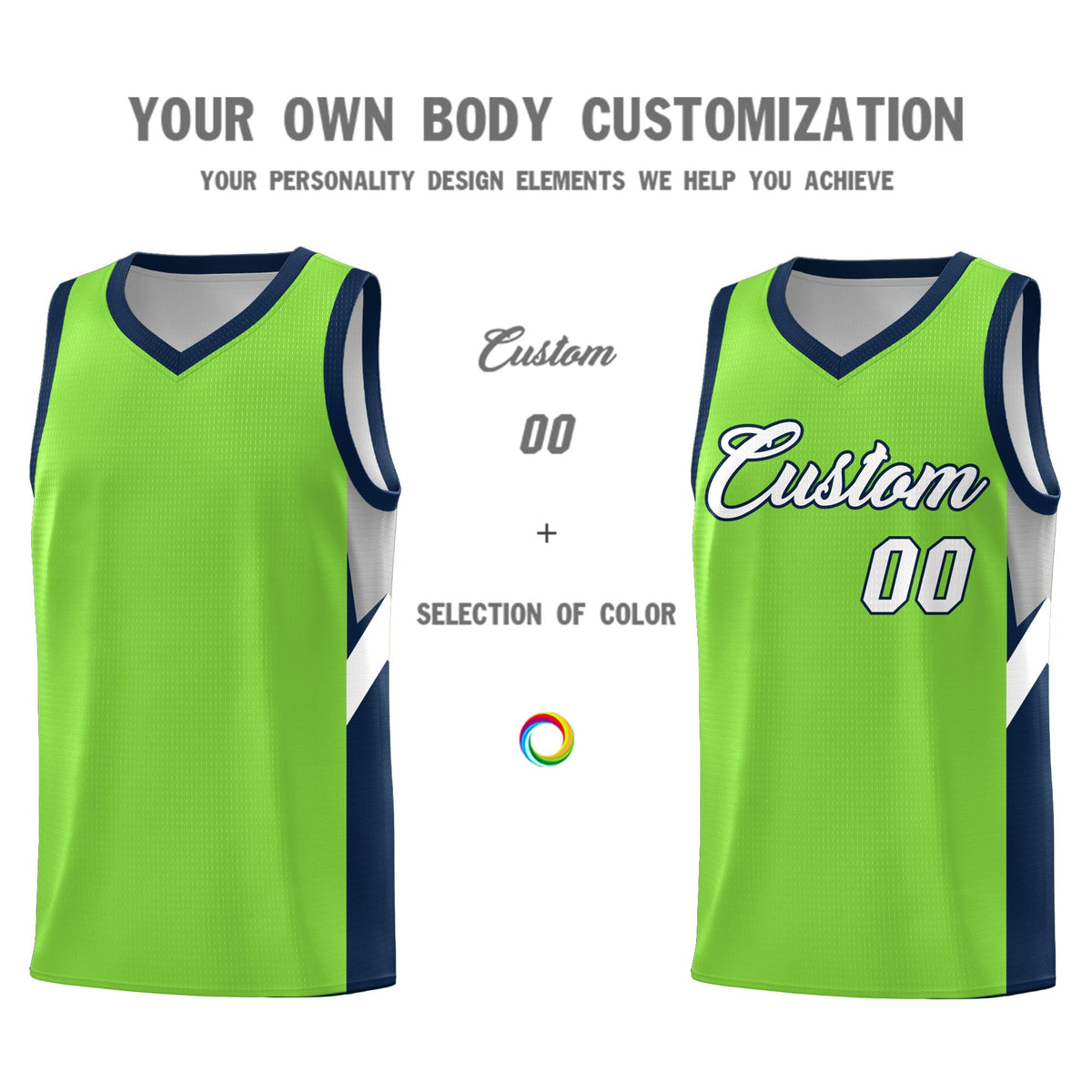 Custom Neon Green Navy Side Design Sets Sports Uniform Basketball Jersey