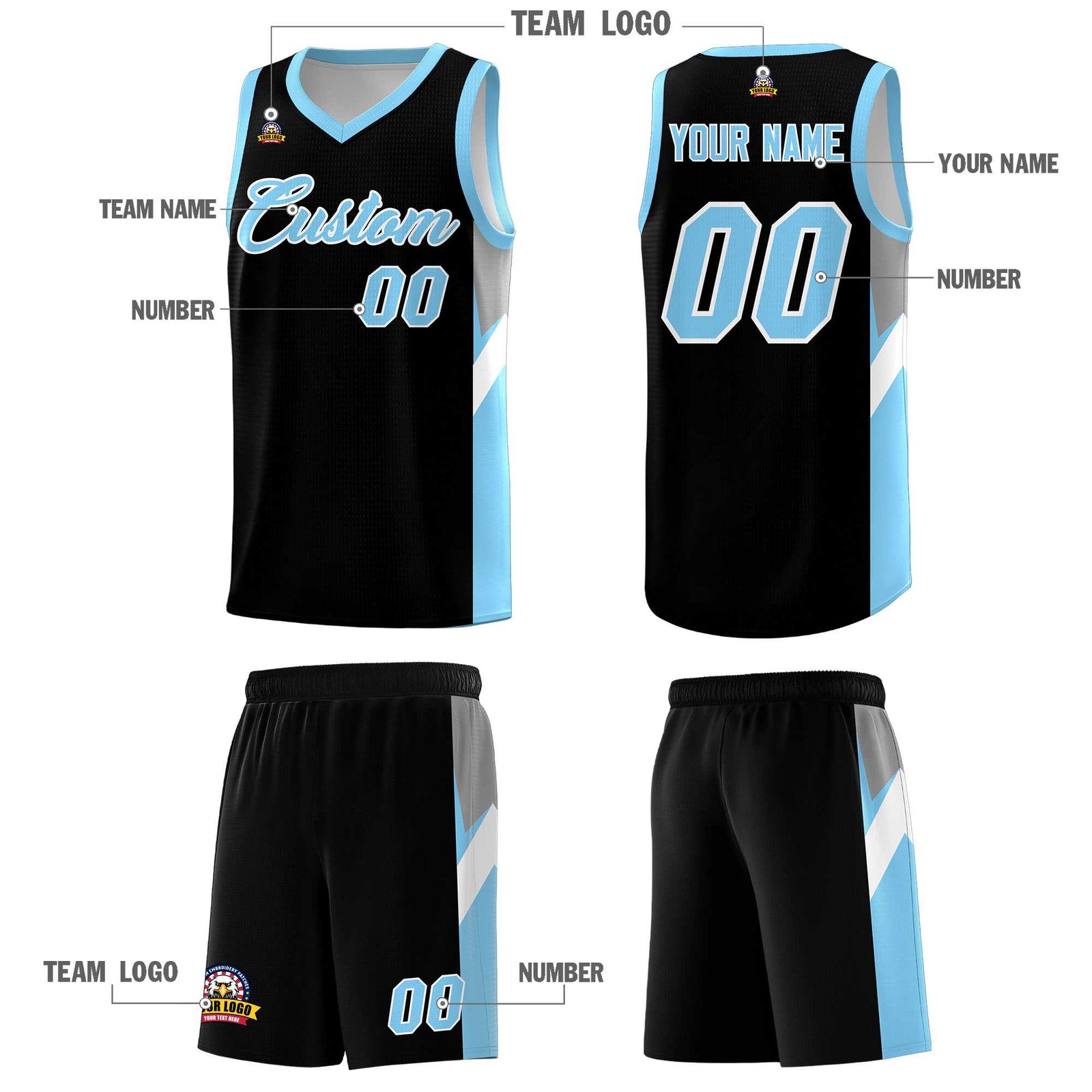 Custom Black Light Blue Side Design Sets Sports Uniform Basketball Jersey