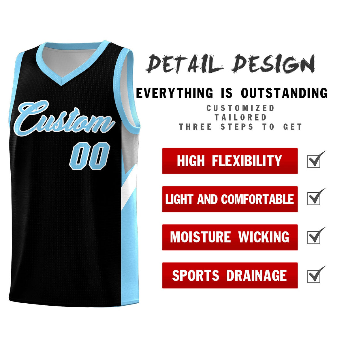 Custom Black Light Blue Side Design Sets Sports Uniform Basketball Jersey