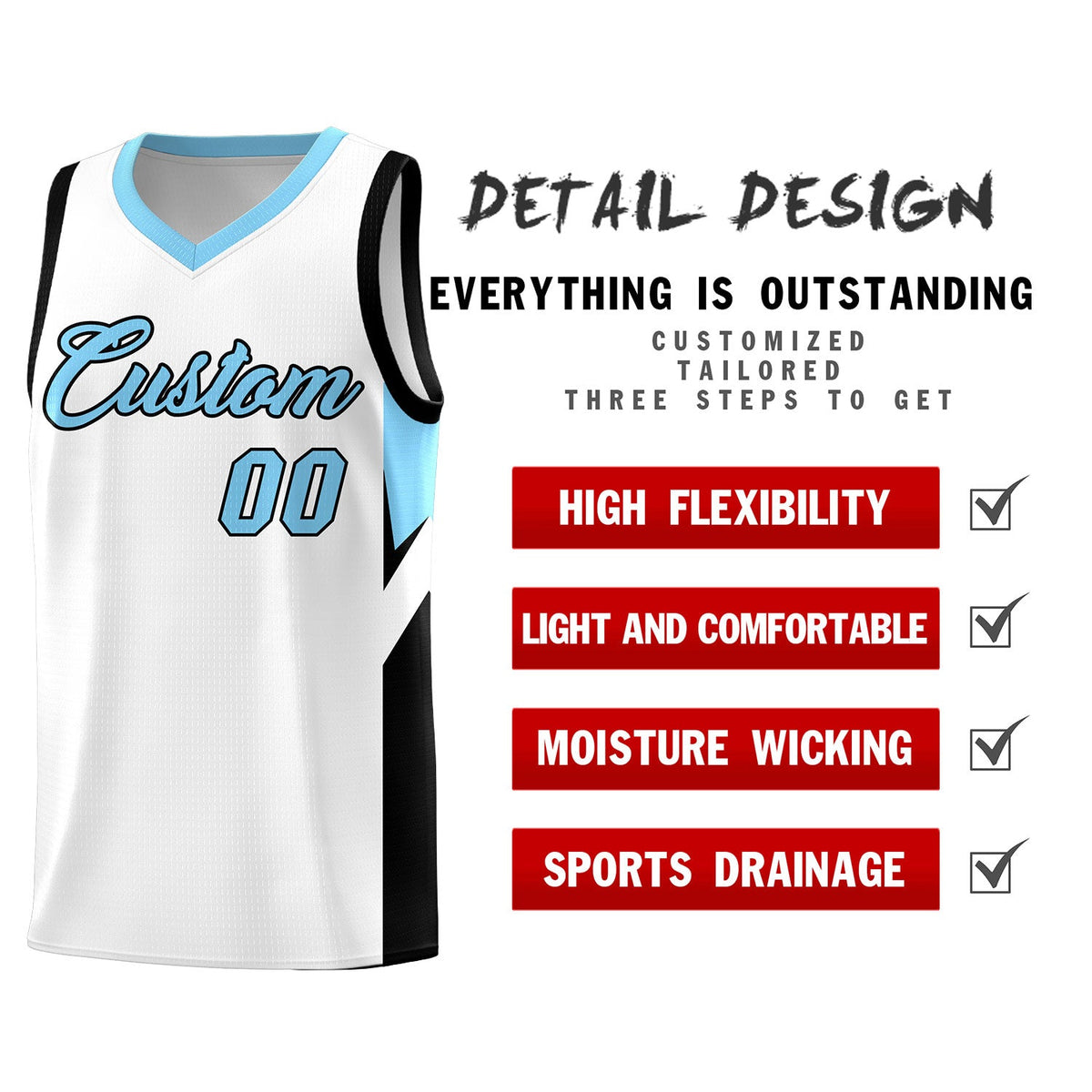 Custom White Light Blue Side Design Sets Sports Uniform Basketball Jersey