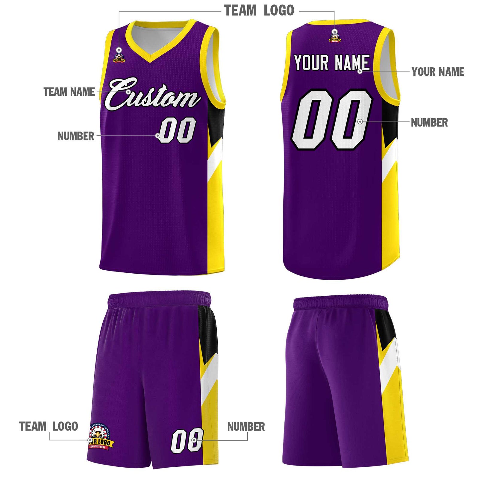 Custom Purple Gold Side Design Sets Sports Uniform Basketball Jersey