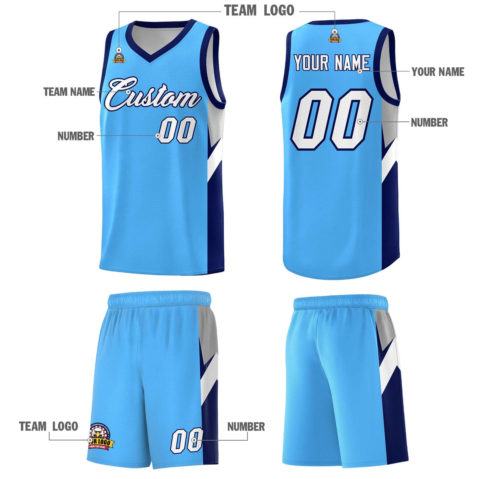 Custom Powder Blue Navy Side Design Sets Sports Uniform Basketball Jersey