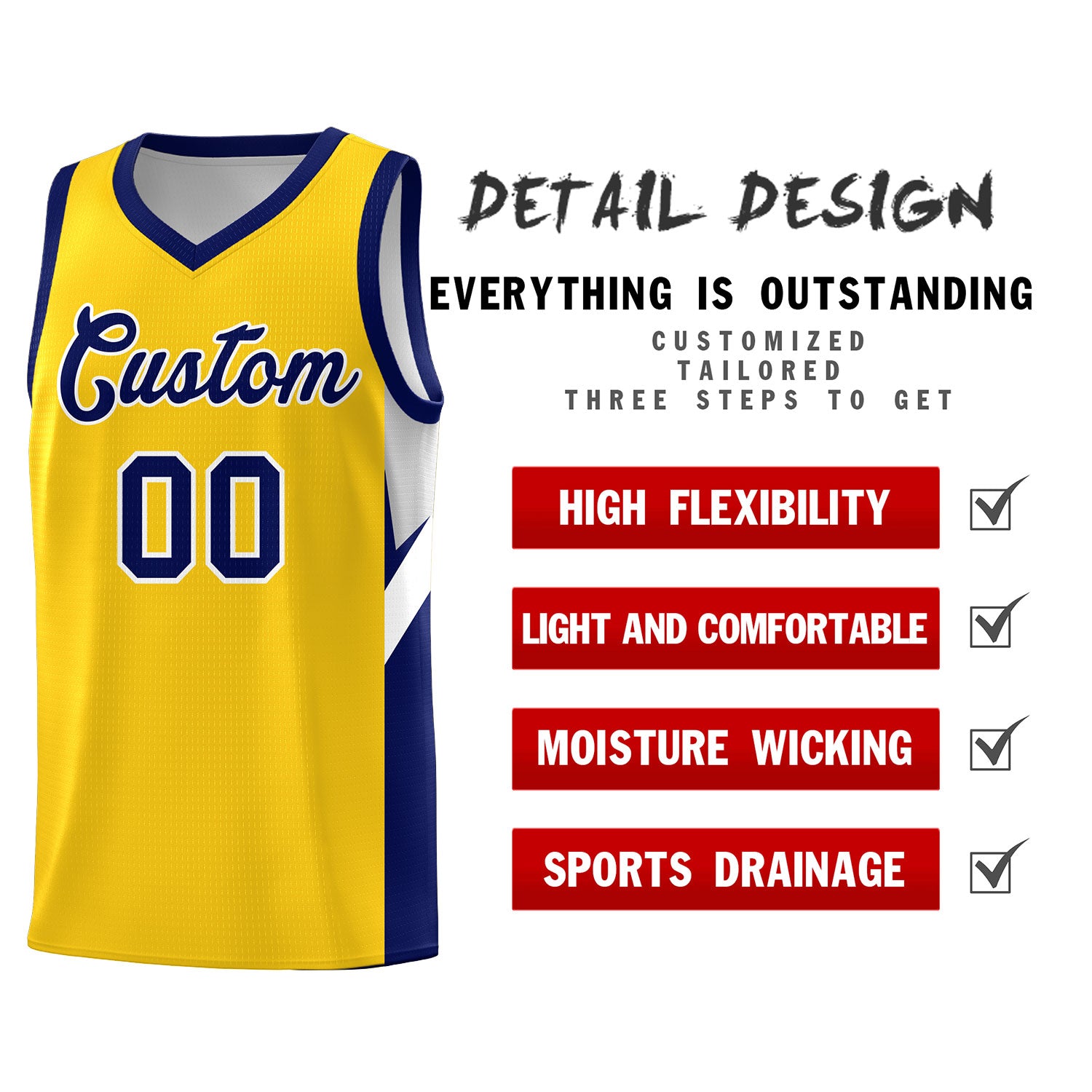 Custom Gold Navy Side Design Sets Sports Uniform Basketball Jersey