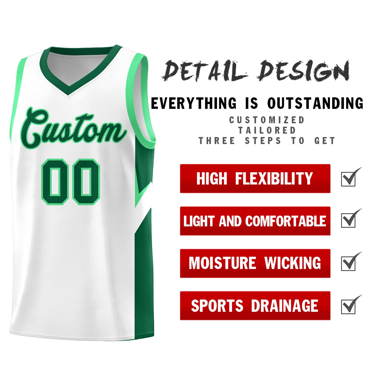 Custom White Kelly Green Side Design Sets Sports Uniform Basketball Jersey