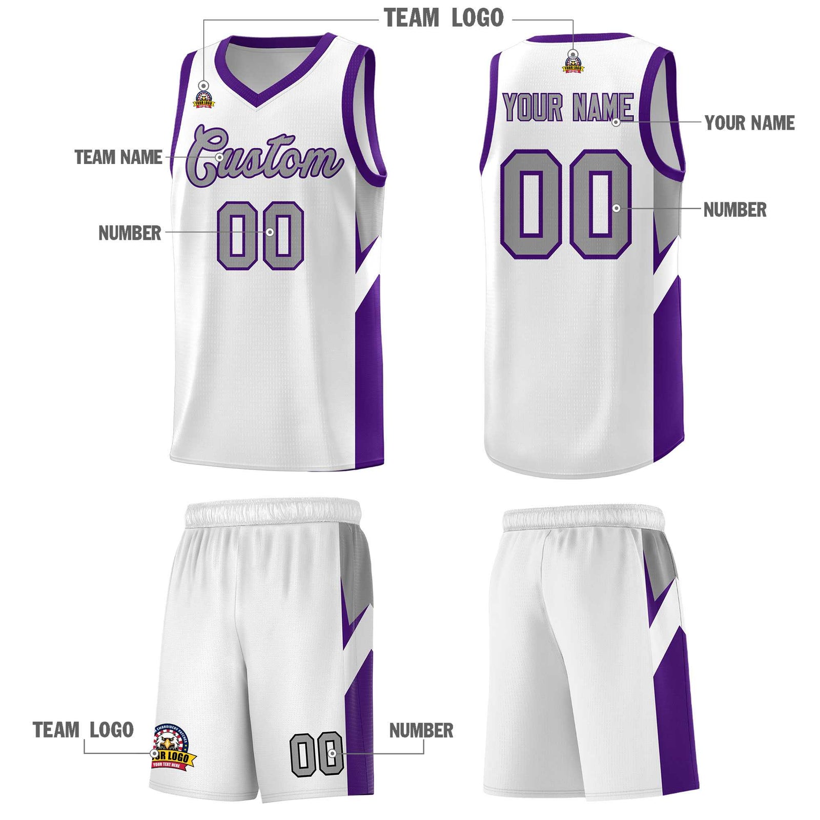 Custom White Purple Side Design Sets Sports Uniform Basketball Jersey