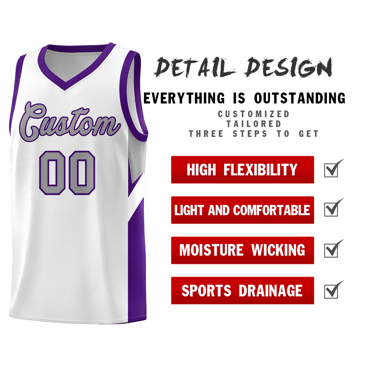 Custom White Purple Side Design Sets Sports Uniform Basketball Jersey