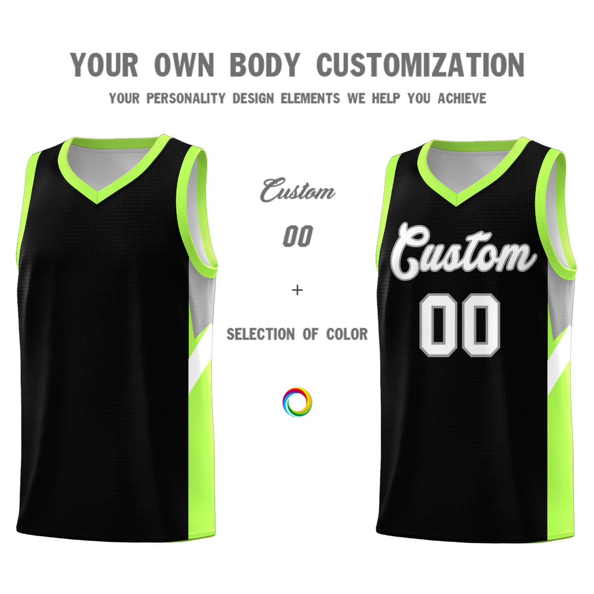 Custom Black Fluorescent Green Side Design Sets Sports Uniform Basketball Jersey