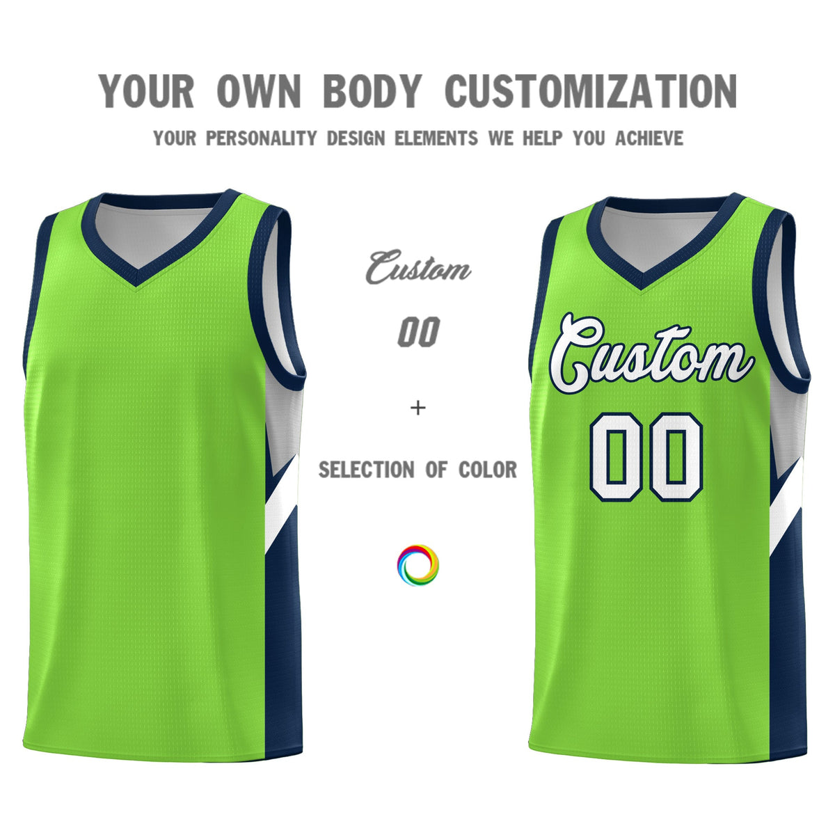 Custom Neon Green Navy Side Design Sets Sports Uniform Basketball Jersey