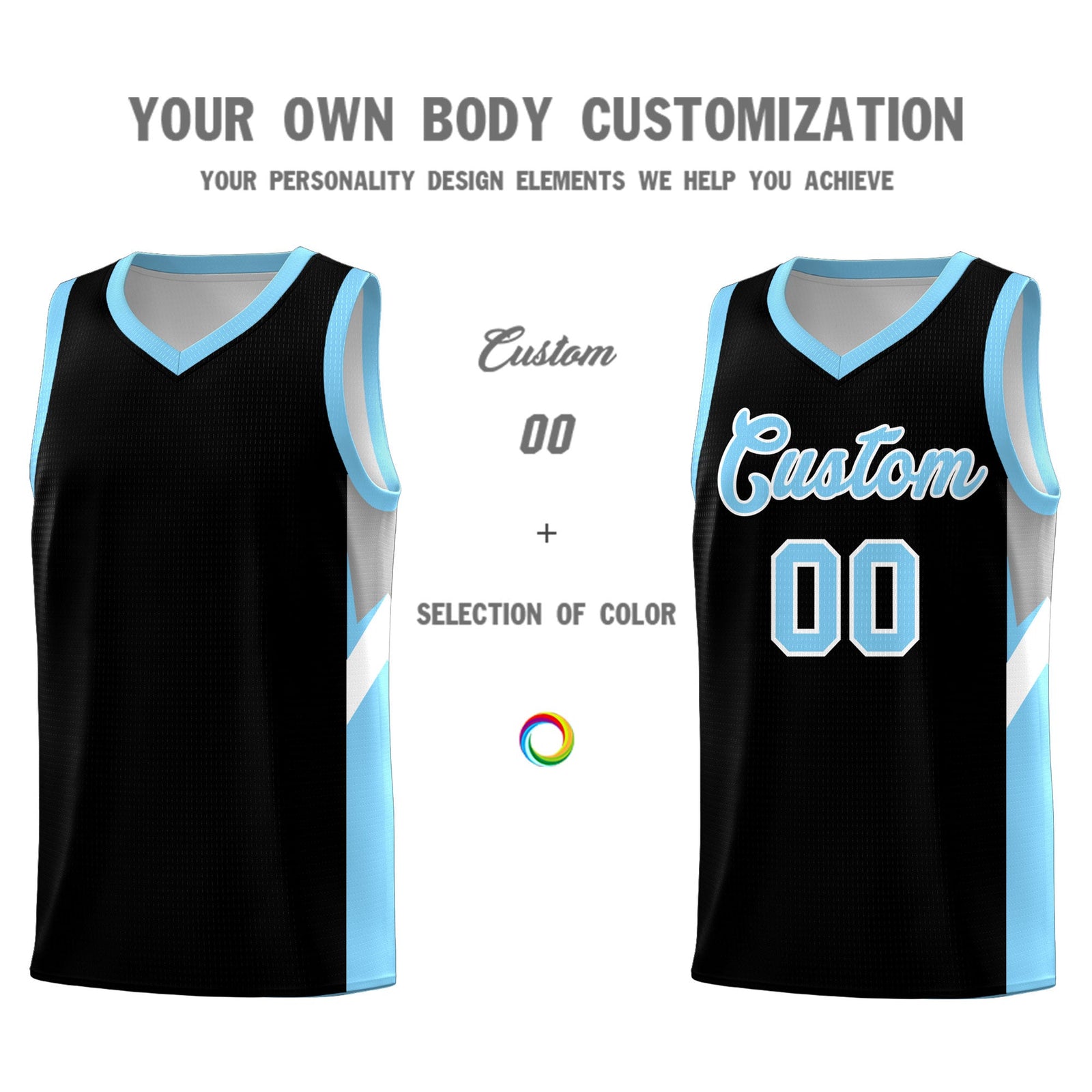 Custom Black Light Blue Side Design Sets Sports Uniform Basketball Jersey