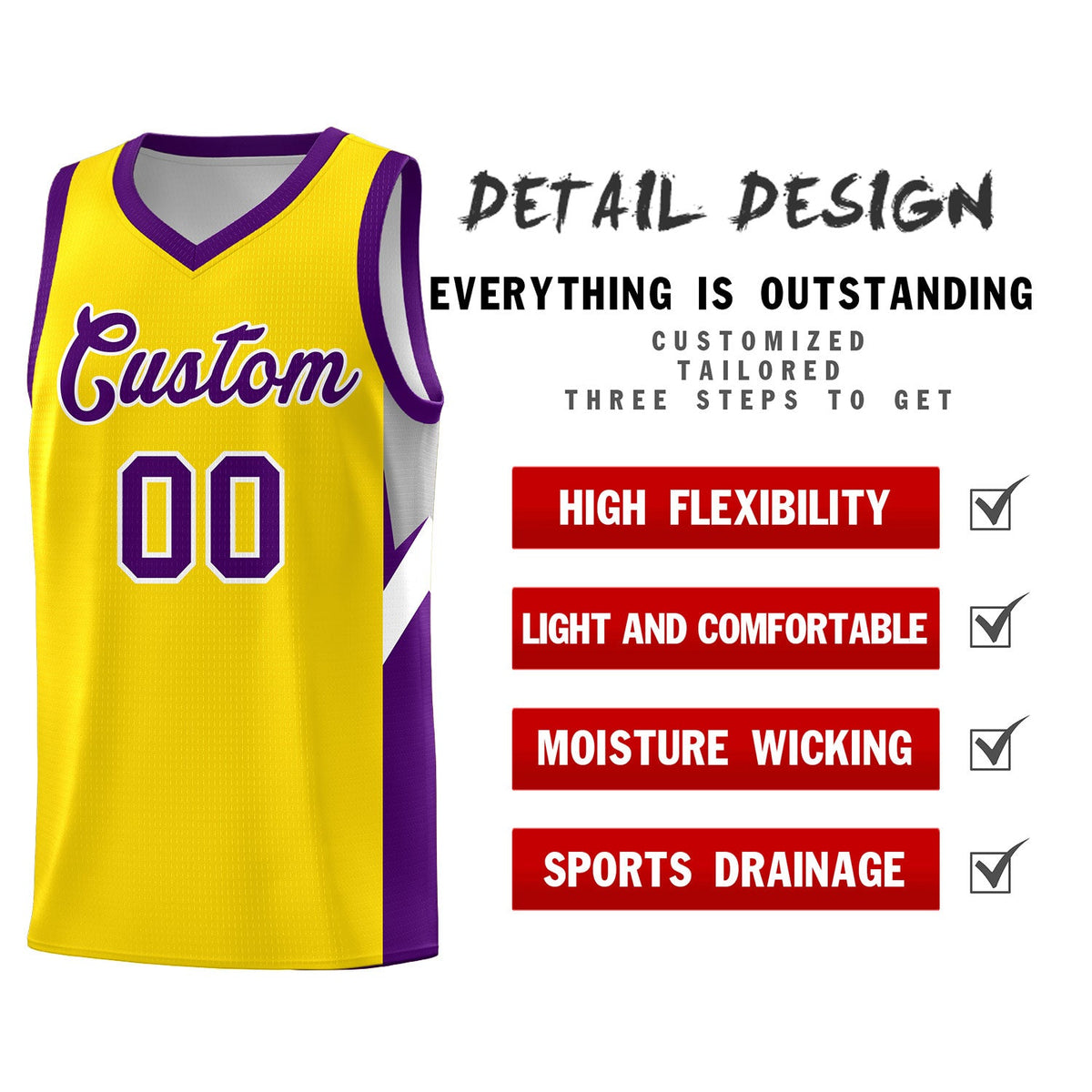 Custom Gold Purple Side Design Sets Sports Uniform Basketball Jersey