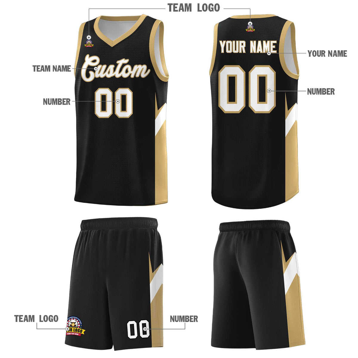 Custom Black Old Gold Side Design Sets Sports Uniform Basketball Jersey