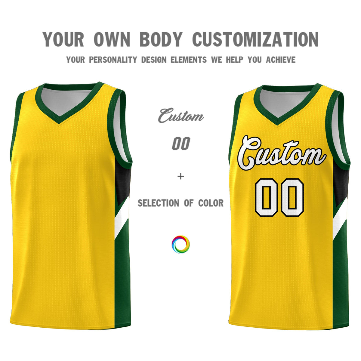 Custom Gold Hunter Green Side Design Sets Sports Uniform Basketball Jersey