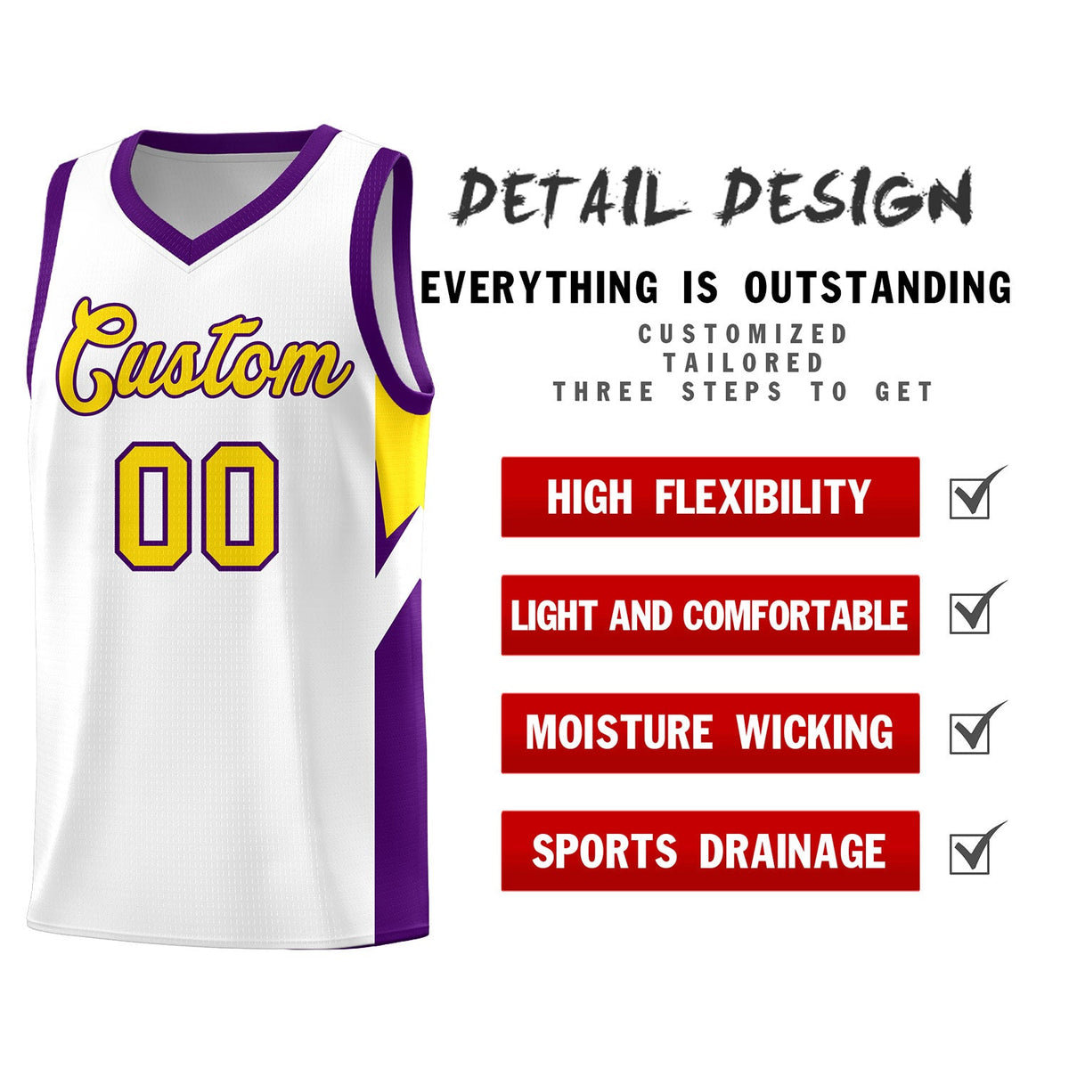 Custom White Purple Side Design Sets Sports Uniform Basketball Jersey