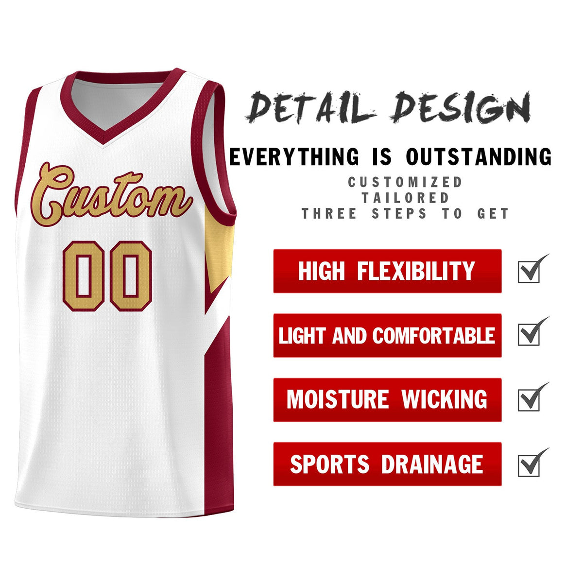 Custom White Crimson Side Design Sets Sports Uniform Basketball Jersey