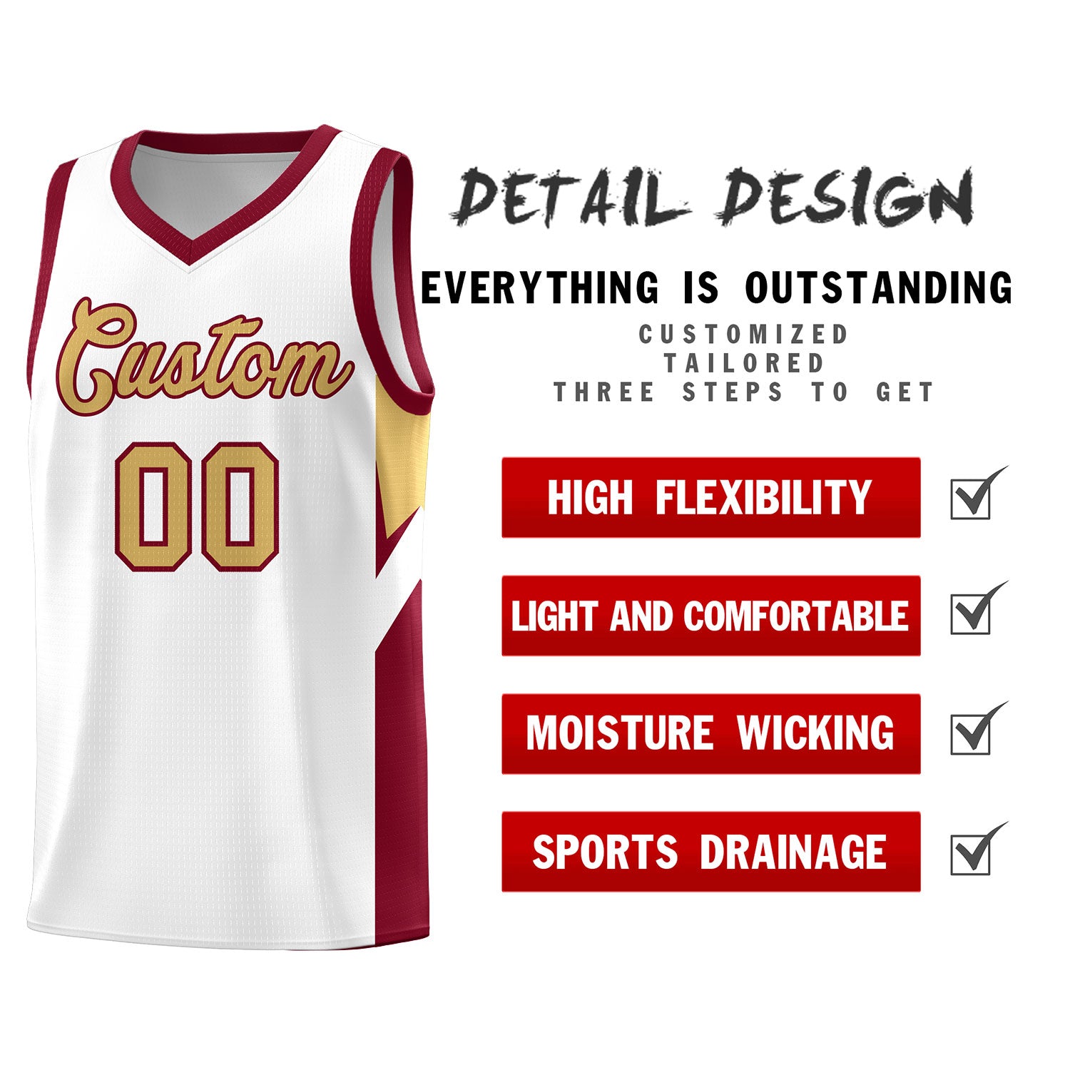 Custom White Crimson Side Design Sets Sports Uniform Basketball Jersey