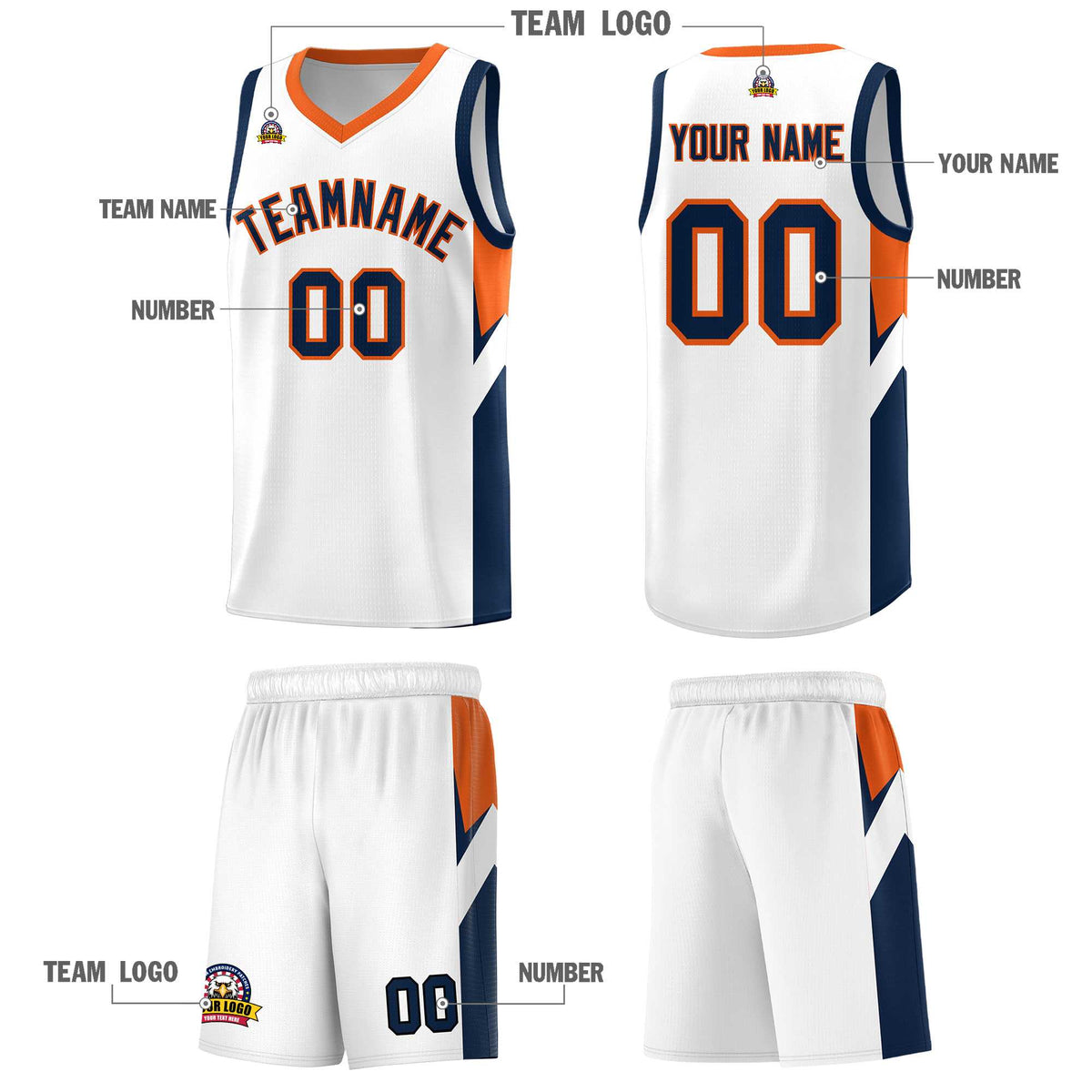 Custom White Orange Side Design Sets Sports Uniform Basketball Jersey