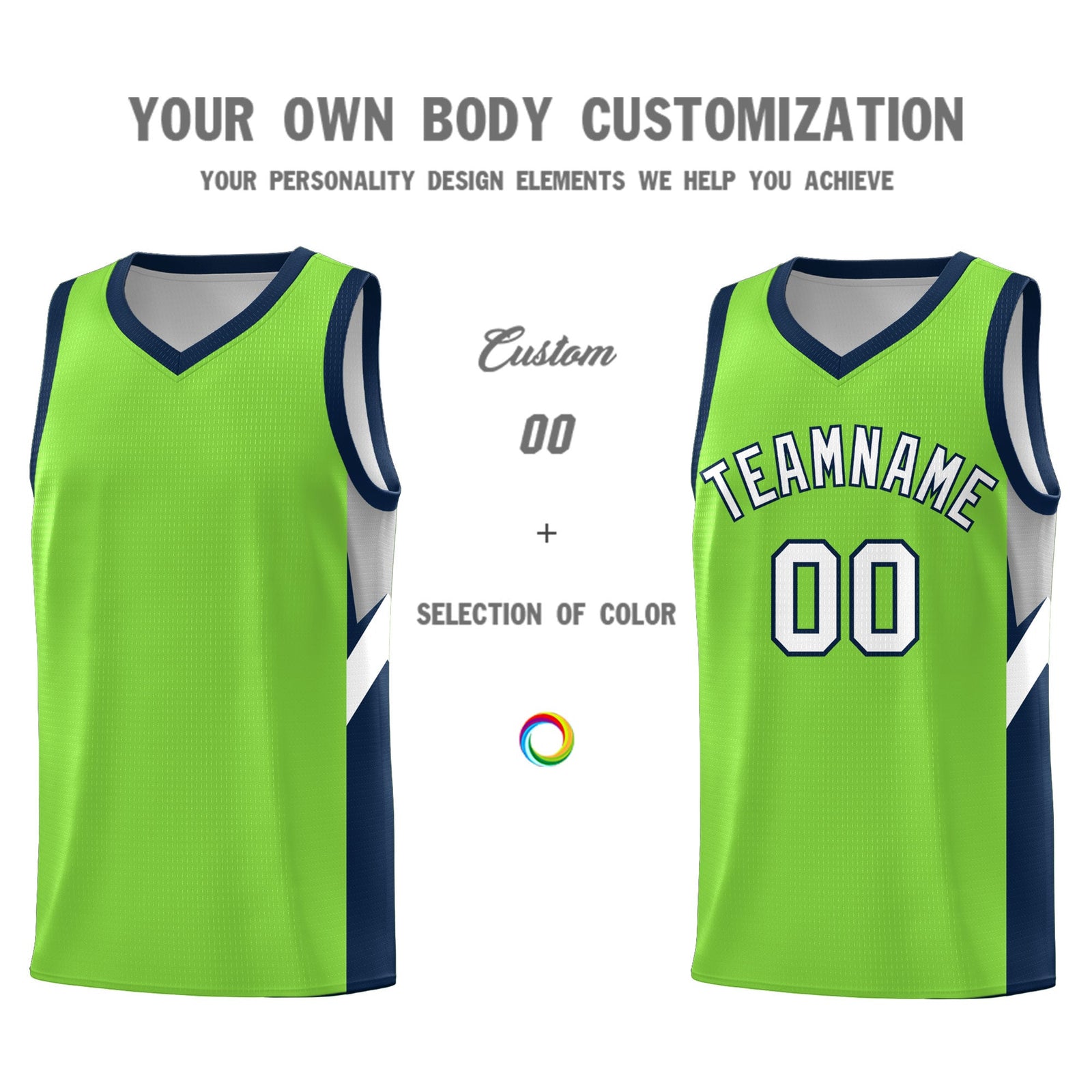 Custom Neon Green Navy Side Design Sets Sports Uniform Basketball Jersey
