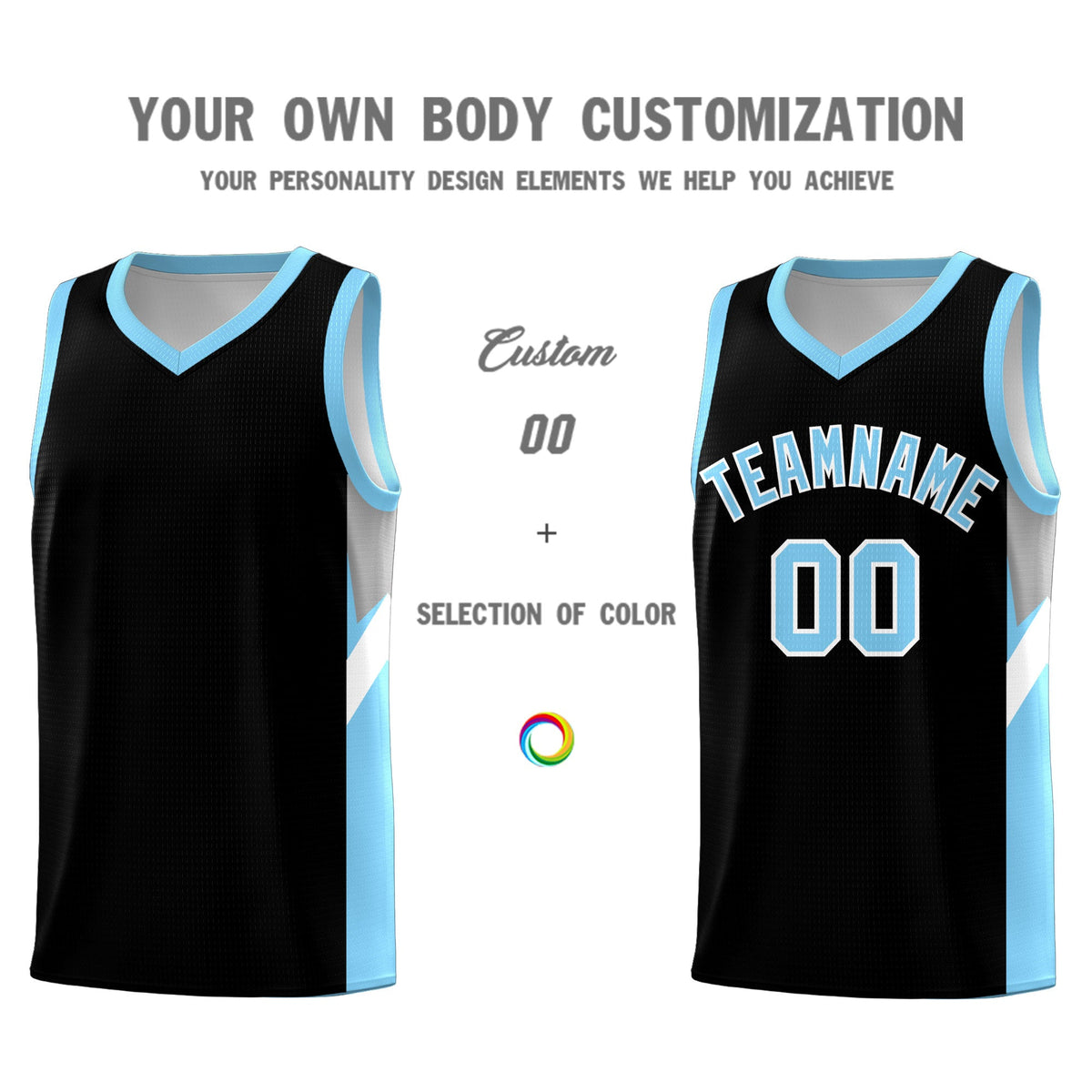 Custom Black Light Blue Side Design Sets Sports Uniform Basketball Jersey