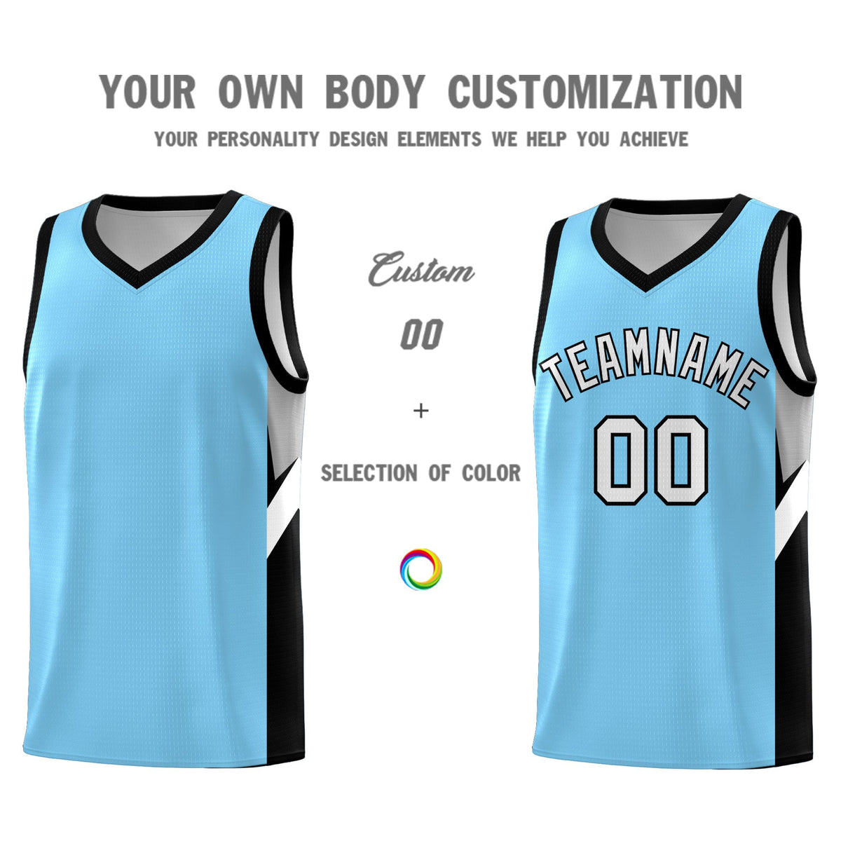 Custom Light Blue Black Side Design Sets Sports Uniform Basketball Jersey